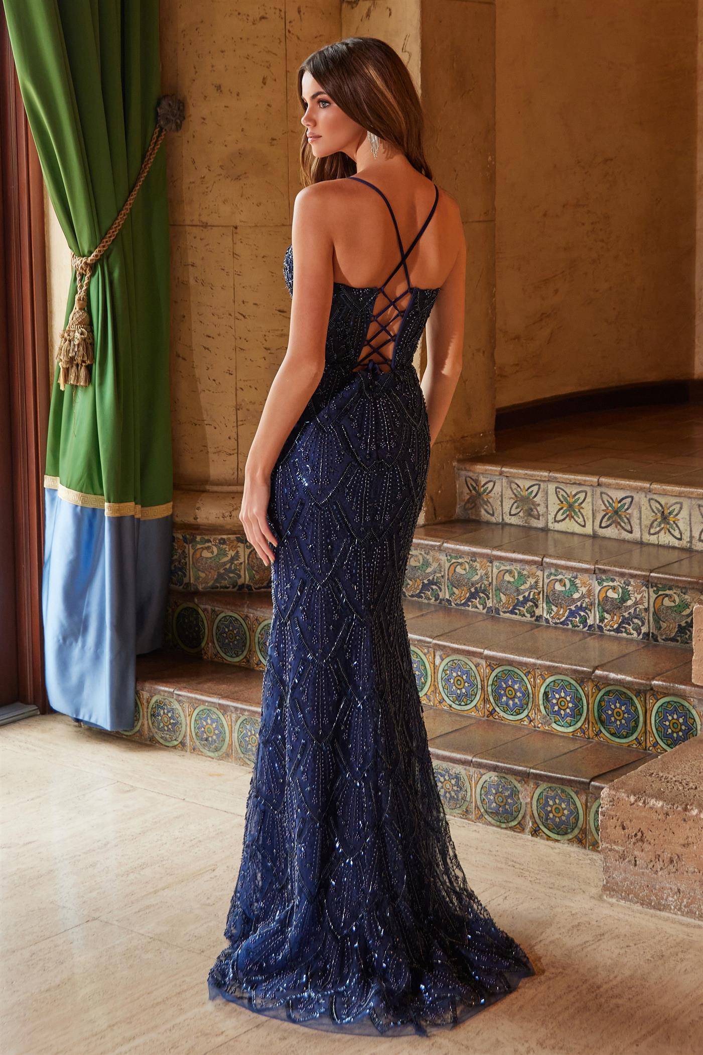 Prom Dresses Prom Beaded Slit Long Formal Dress Navy Blue