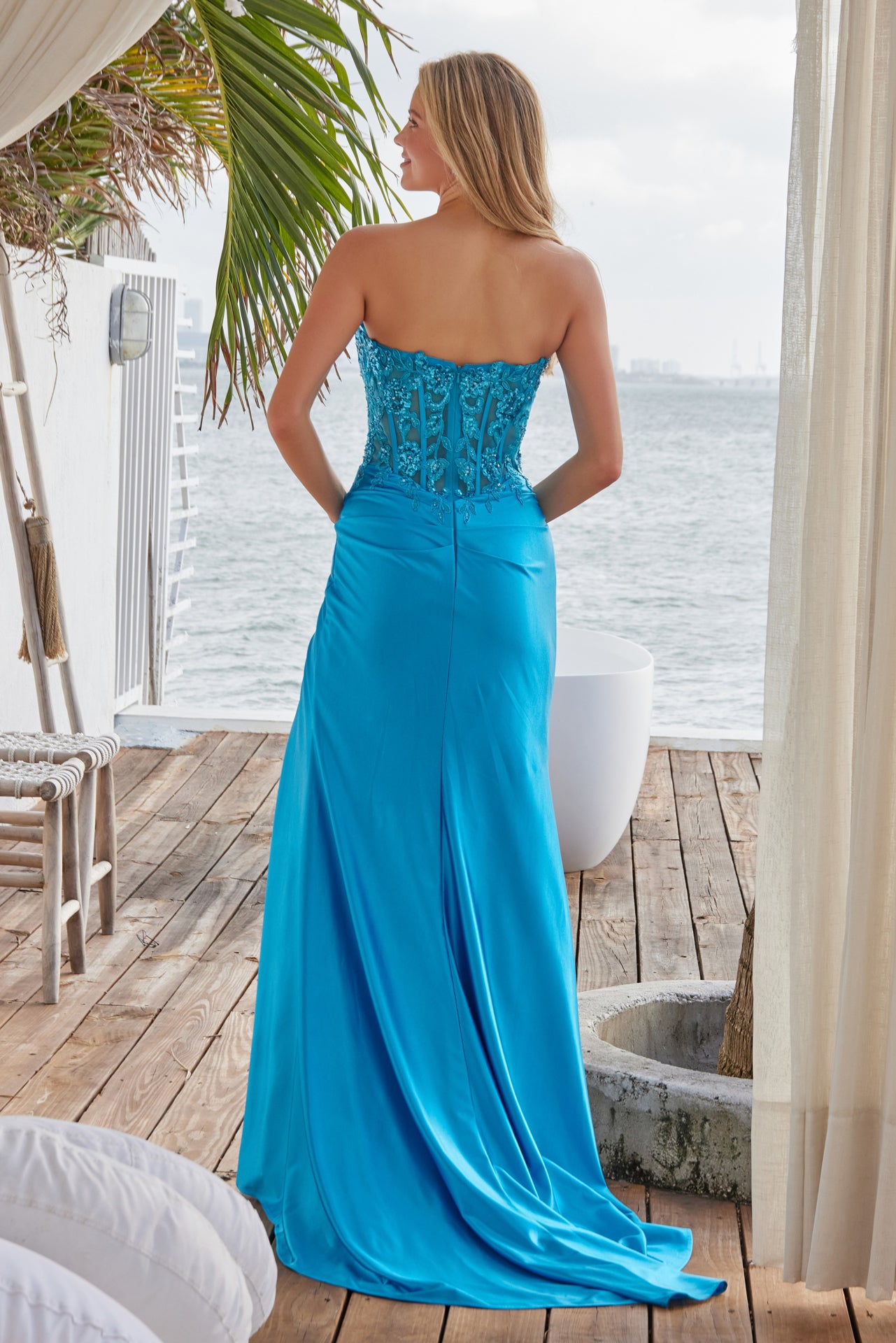 Prom Dresses Long Formal Fitted Sequin Applique Prom Dress Ocean Blue