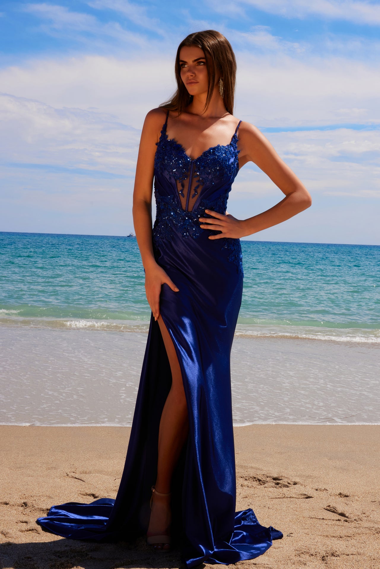 Prom Dresses Long Formal Fitted Slit Prom Dress Navy Blue