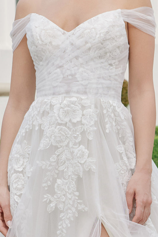 Wedding Dresses Long Floral Applique Slit Wedding Dress Nox Anabel JE953 White Nude