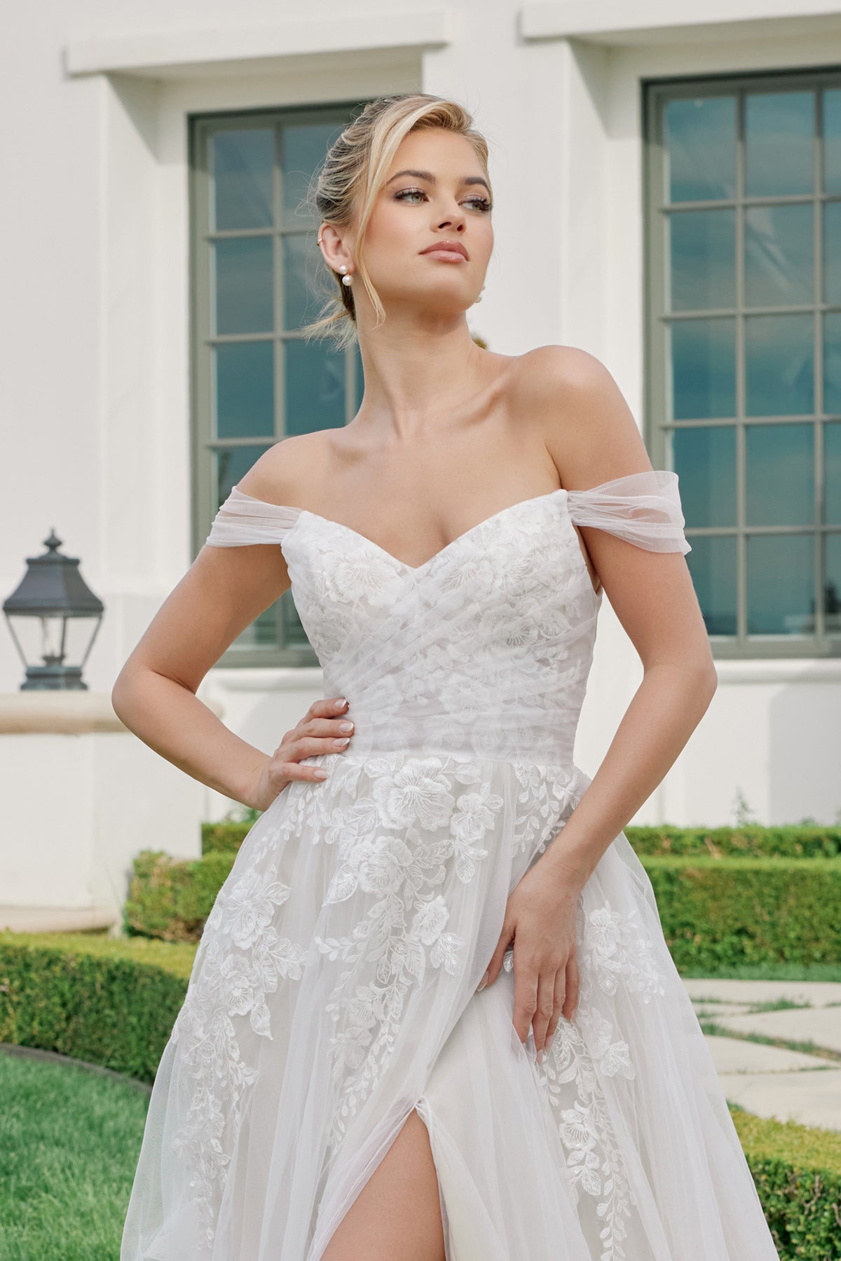 Wedding Dresses Long Floral Applique Slit Wedding Dress Nox Anabel JE953 White Nude