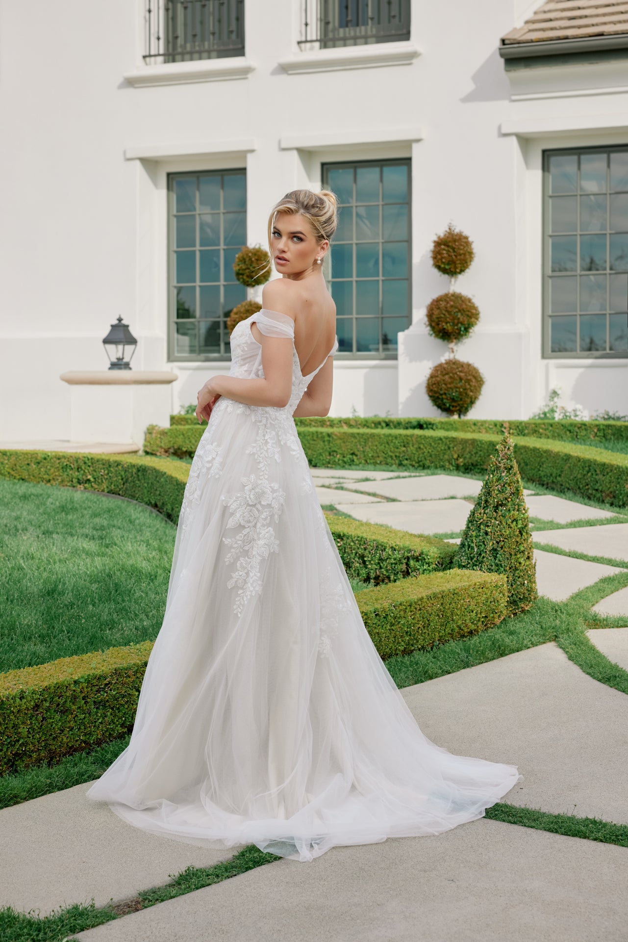 Wedding Dresses Long Floral Applique Slit Wedding Dress Nox Anabel JE953 White Nude