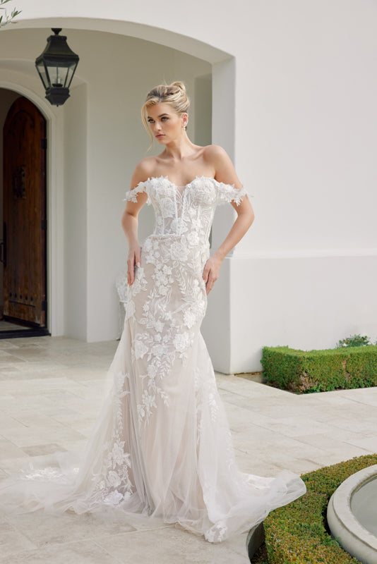 Wedding Dresses Floral Applique Long Bridal Wedding Dress Nox Anabel JE974 White Nude