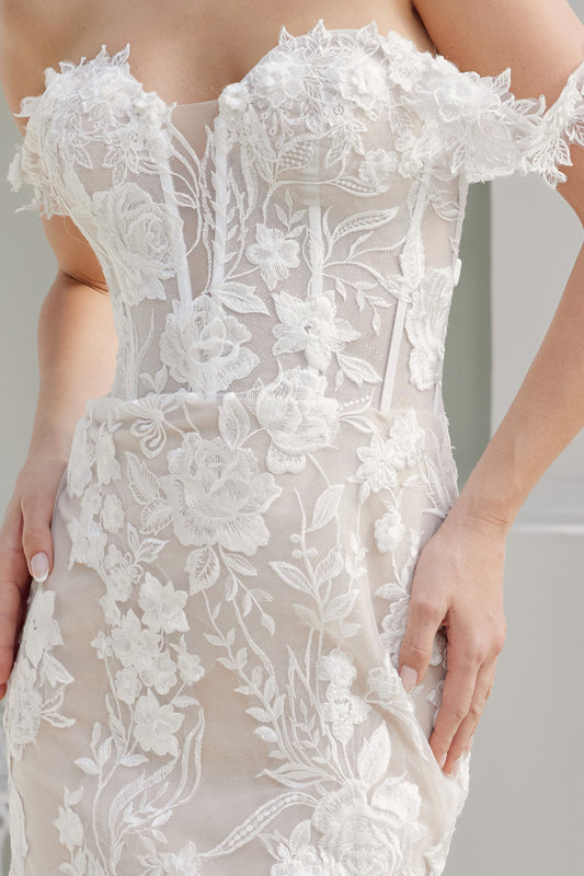 Wedding Dresses Floral Applique Long Bridal Wedding Dress Nox Anabel JE974 White Nude