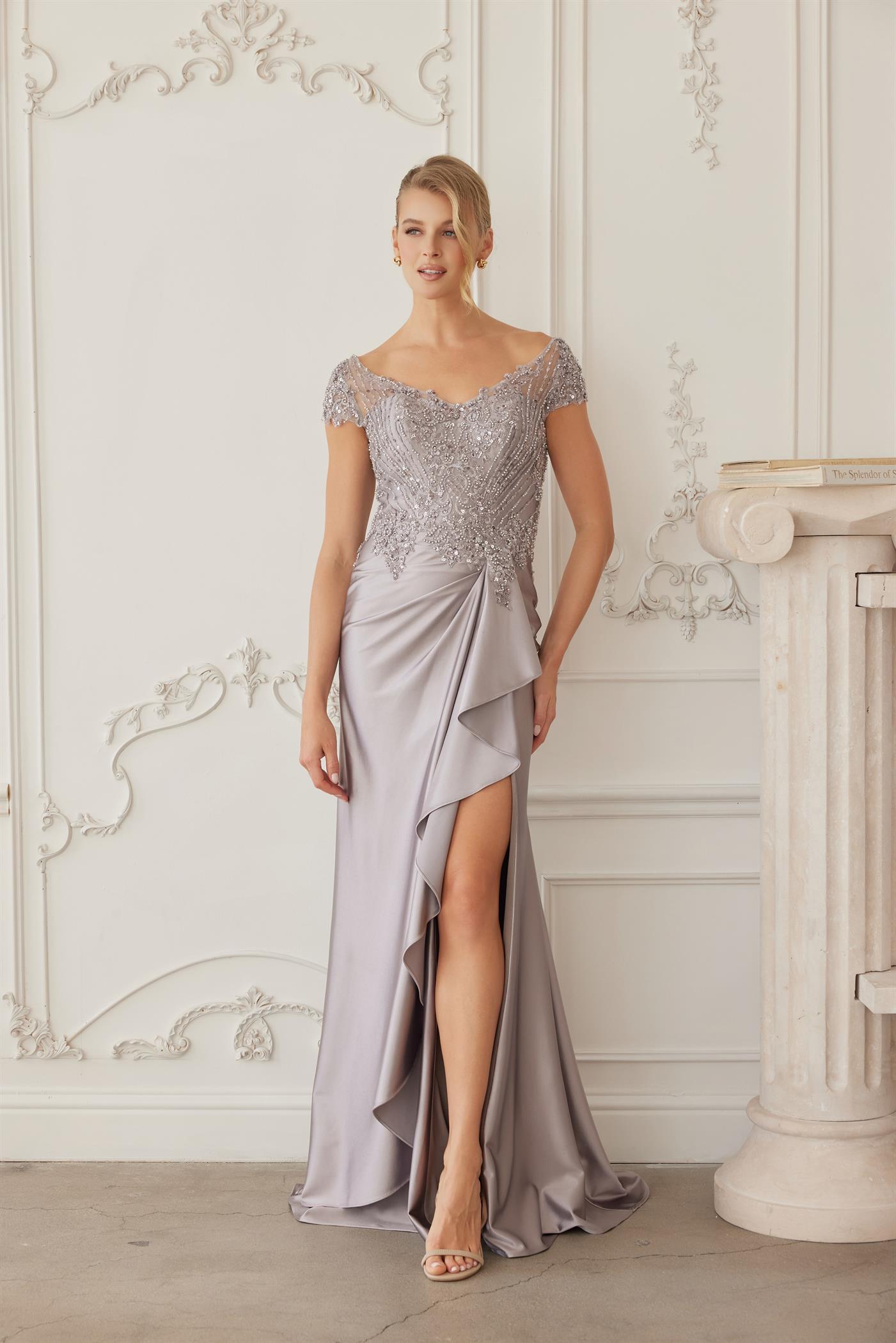 Plus Size Dresses Long Formal Beaded Mother of the Bride Dress Gray