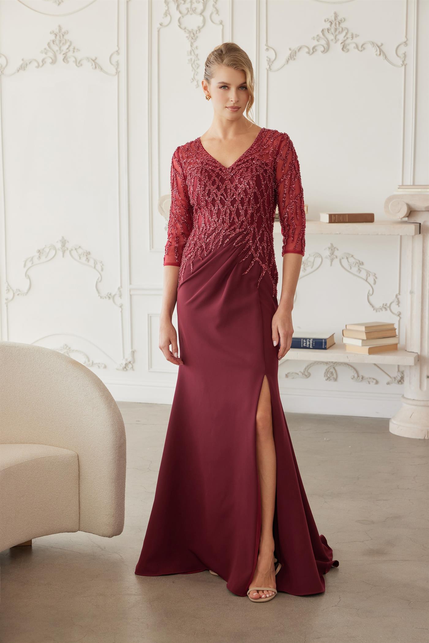 Plus Size Dresses Long Formal Long Sleeve Beaded Mother of the Bride Dress Burgundy