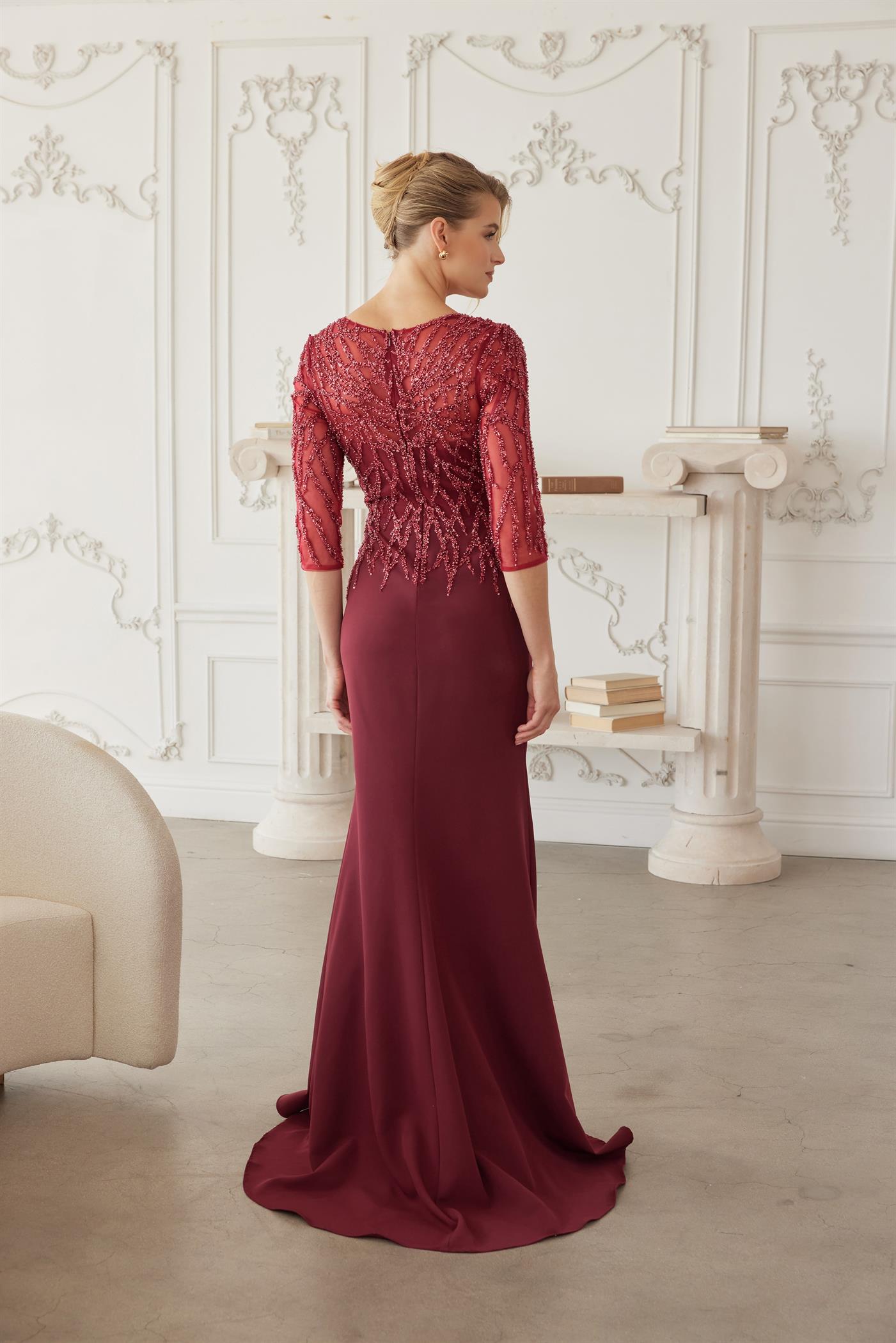 Plus Size Dresses Long Formal Long Sleeve Beaded Mother of the Bride Dress Burgundy