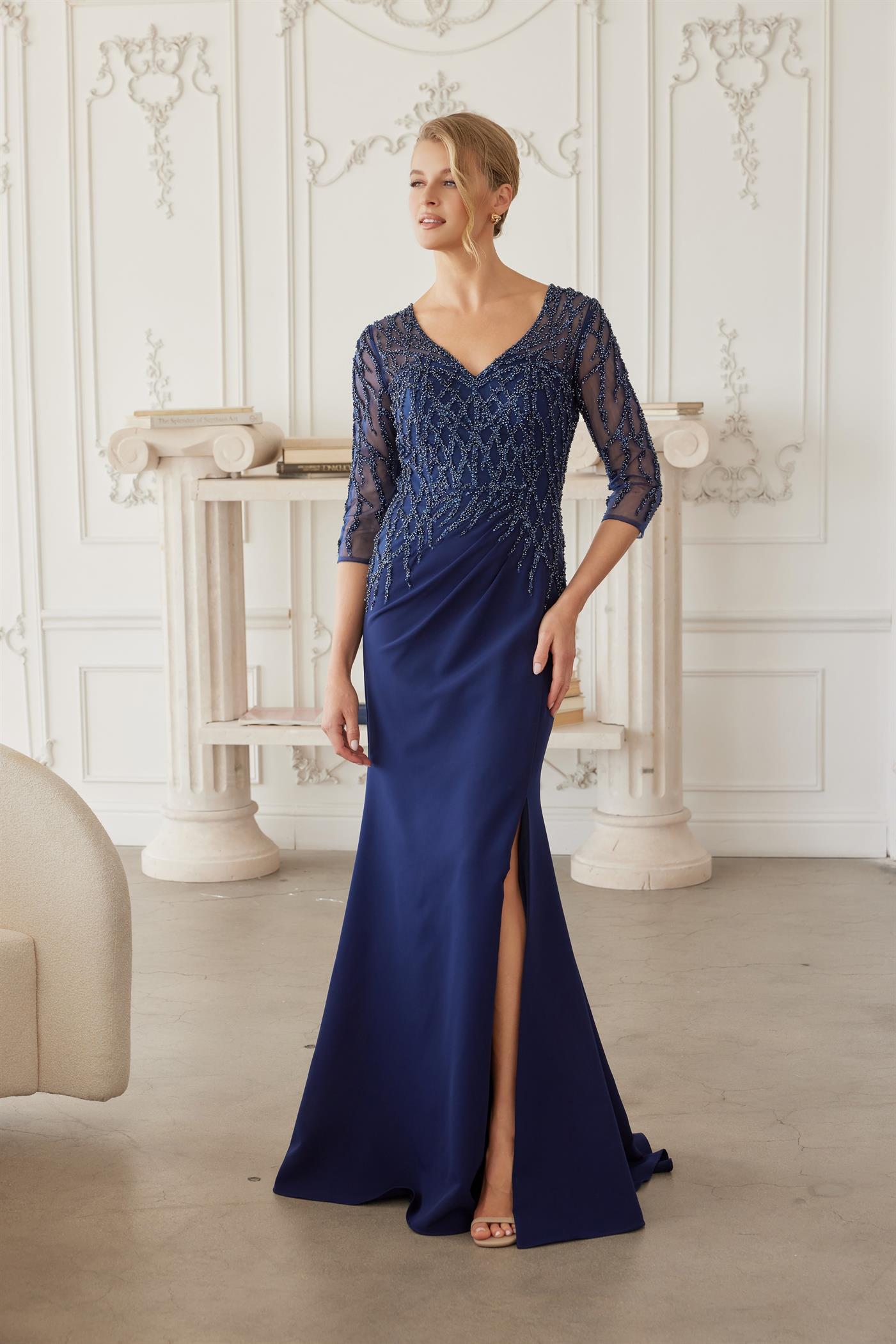 Plus Size Dresses Long Formal Long Sleeve Beaded Mother of the Bride Dress Navy Blue