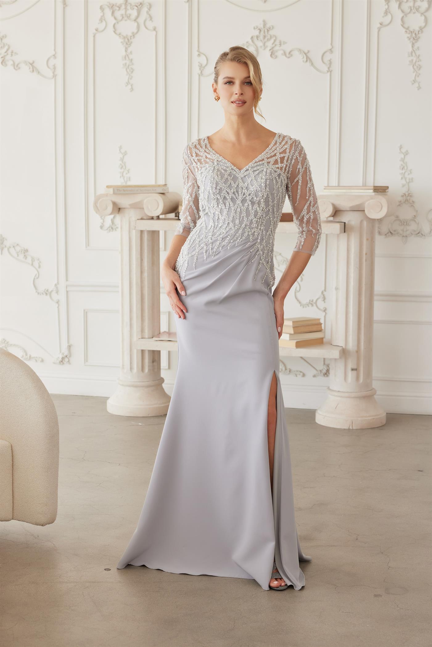 Plus Size Dresses Long Formal Long Sleeve Beaded Mother of the Bride Dress Silver