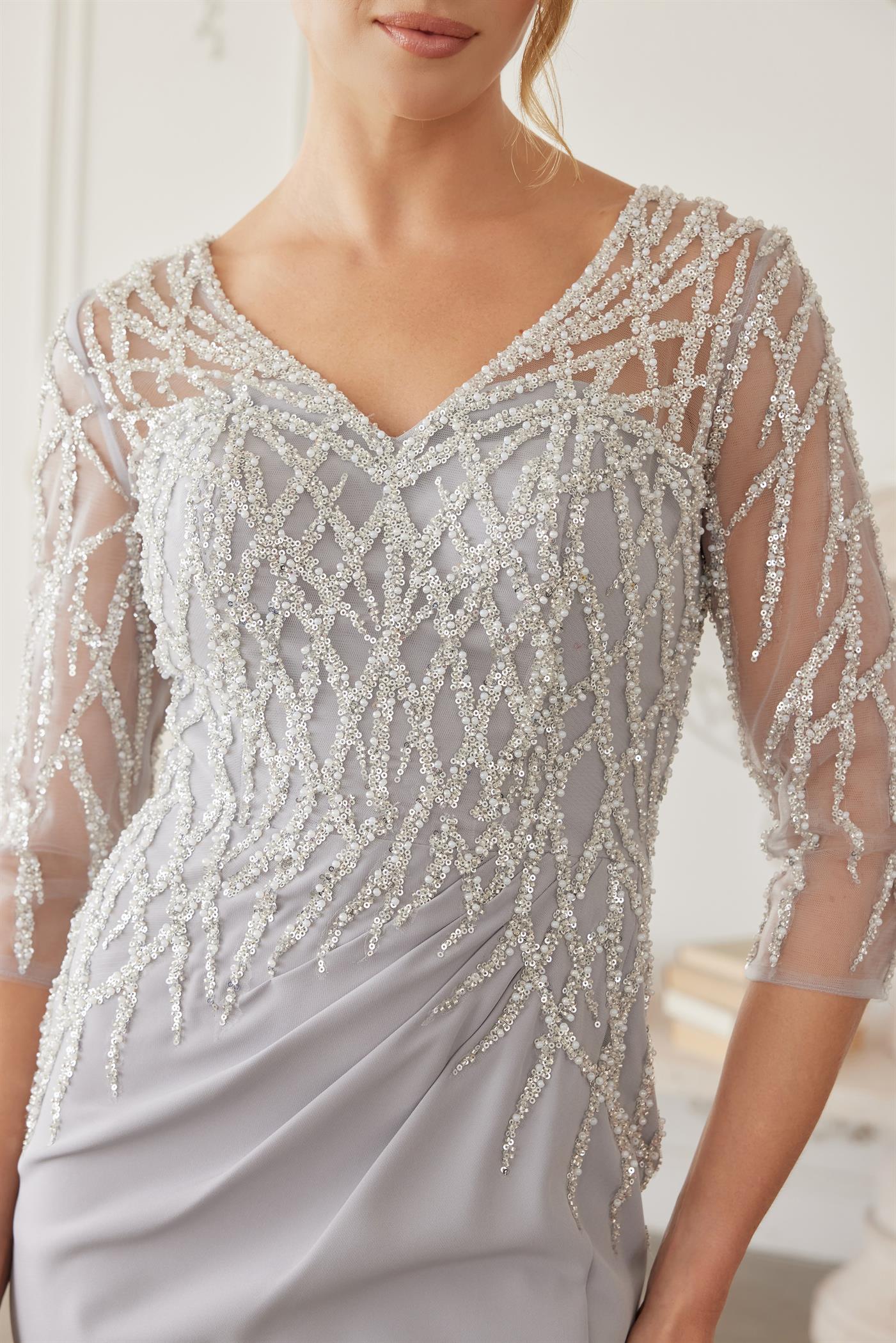 Plus Size Dresses Long Formal Long Sleeve Beaded Mother of the Bride Dress Silver