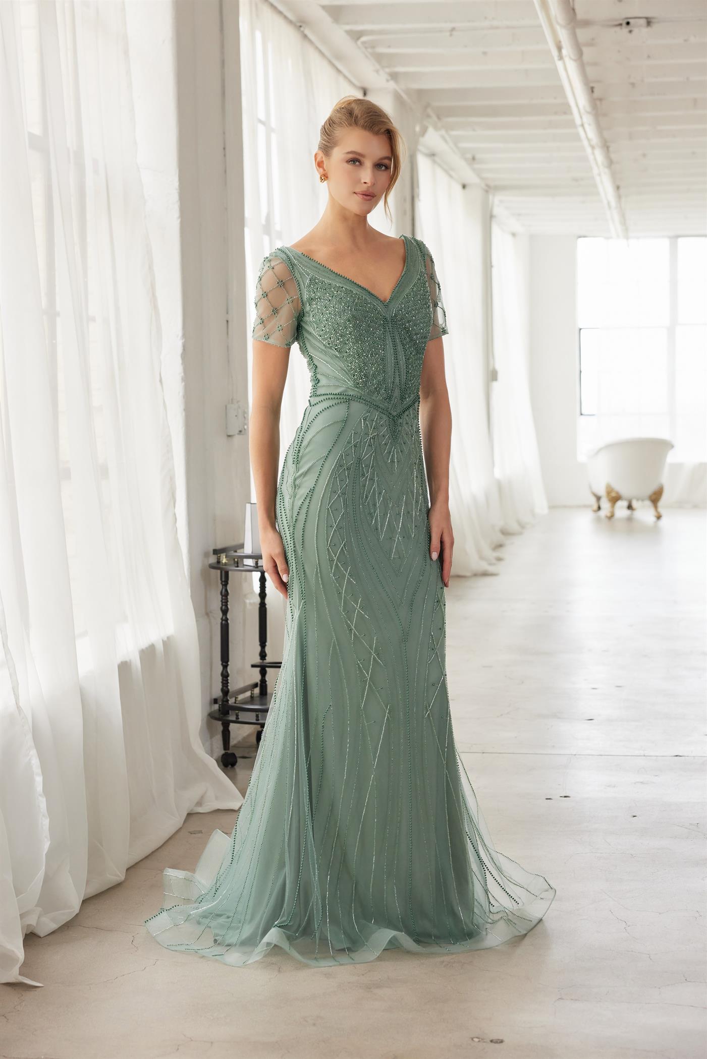 Plus Size Dresses Long Formal Fitted Beaded Mother of the Bride Dress Sage Green