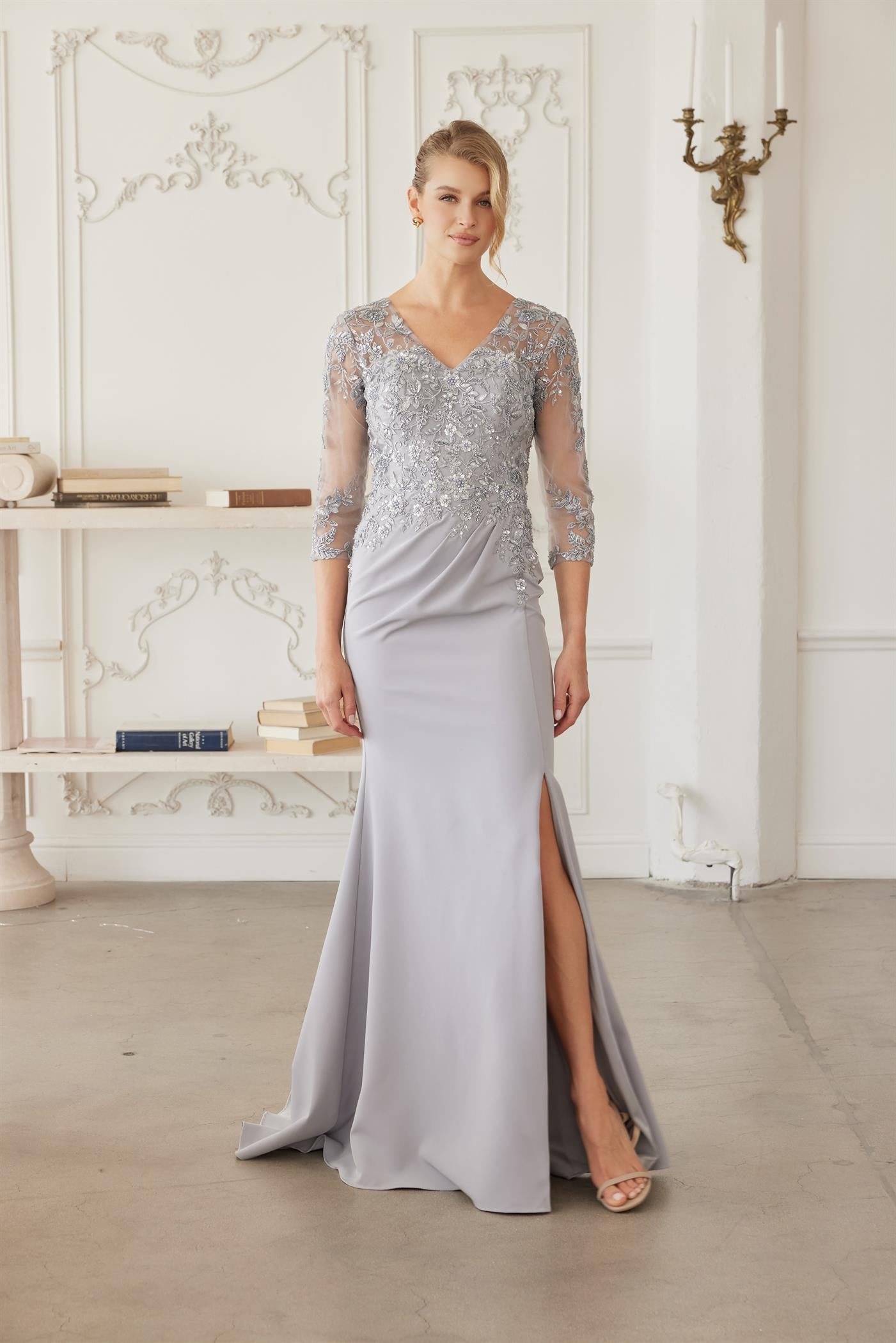 Plus Size Dresses Long Formal Long Sleeve Sequin Mother of the Bride Dress Silver