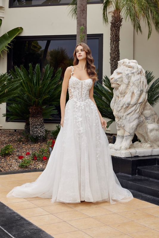 Wedding Dresses Lace Applique Long A Line Wedding Dress Nox Anabel JE1062L White Nude