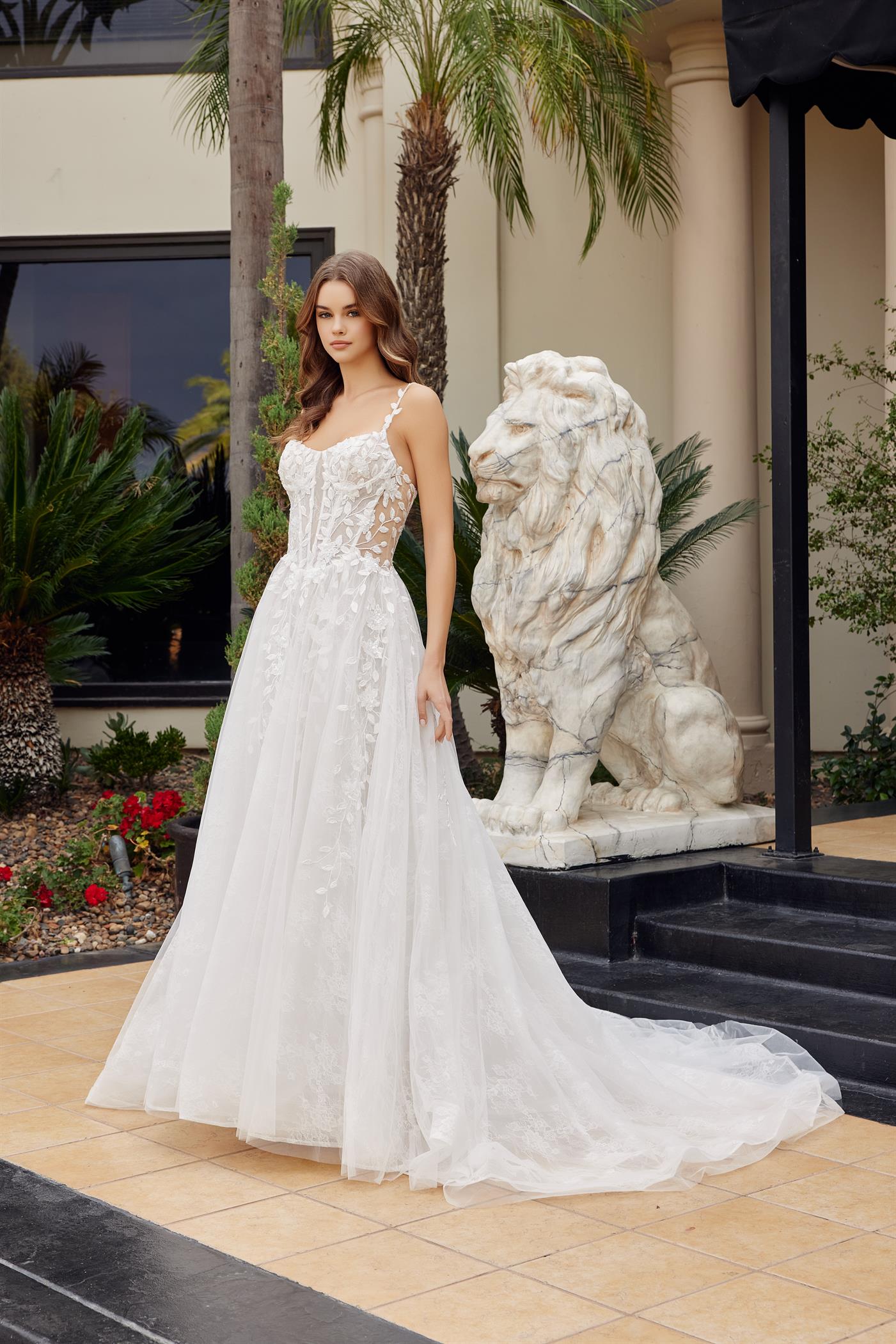 Wedding Dresses Lace Applique Long A Line Wedding Dress Nox Anabel JE1062L White Nude