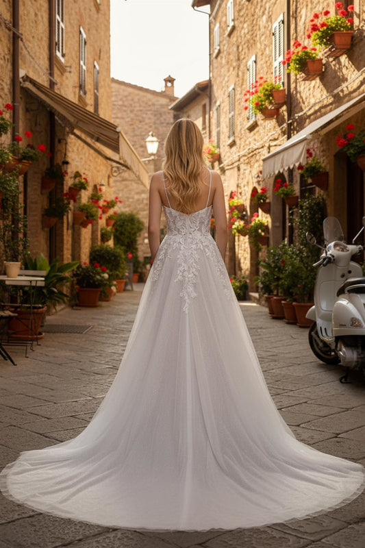 Wedding Dresses Lace Applique Long A Line Floral Wedding Dress Nox Anabel JE1072L White Nude