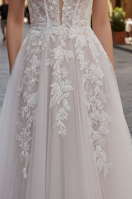 Wedding Dresses Lace Applique Long A Line Floral Wedding Dress Nox Anabel JE1072L White Nude