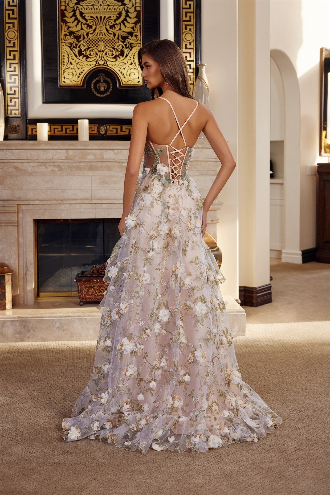 Prom Dresses Long Formal 3D Floral Applique Prom Dress Champagne