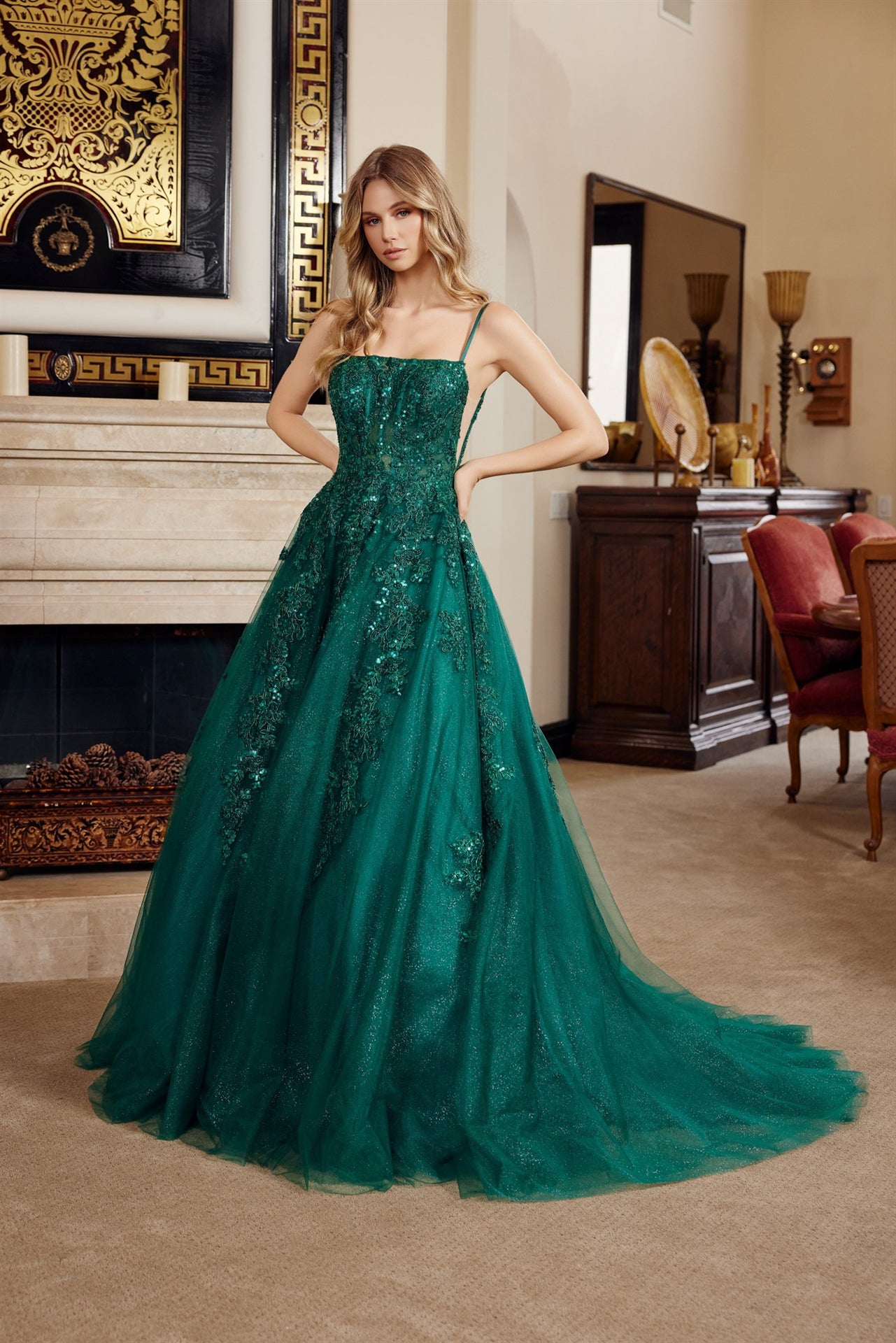 Prom Dresses Long Formal Lace Applique Evening Prom Dress Emerald