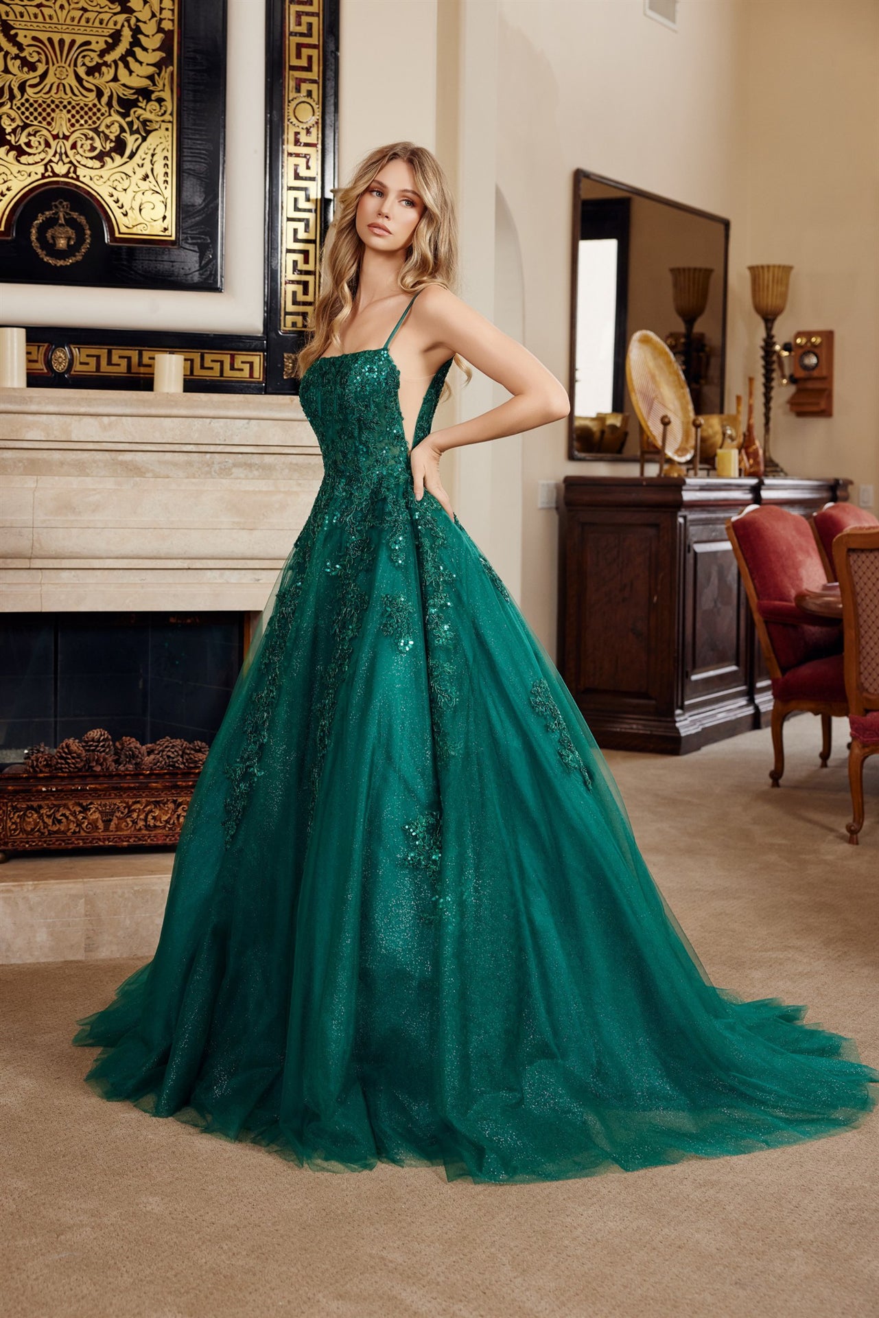 Prom Dresses Long Formal Lace Applique Evening Prom Dress Emerald