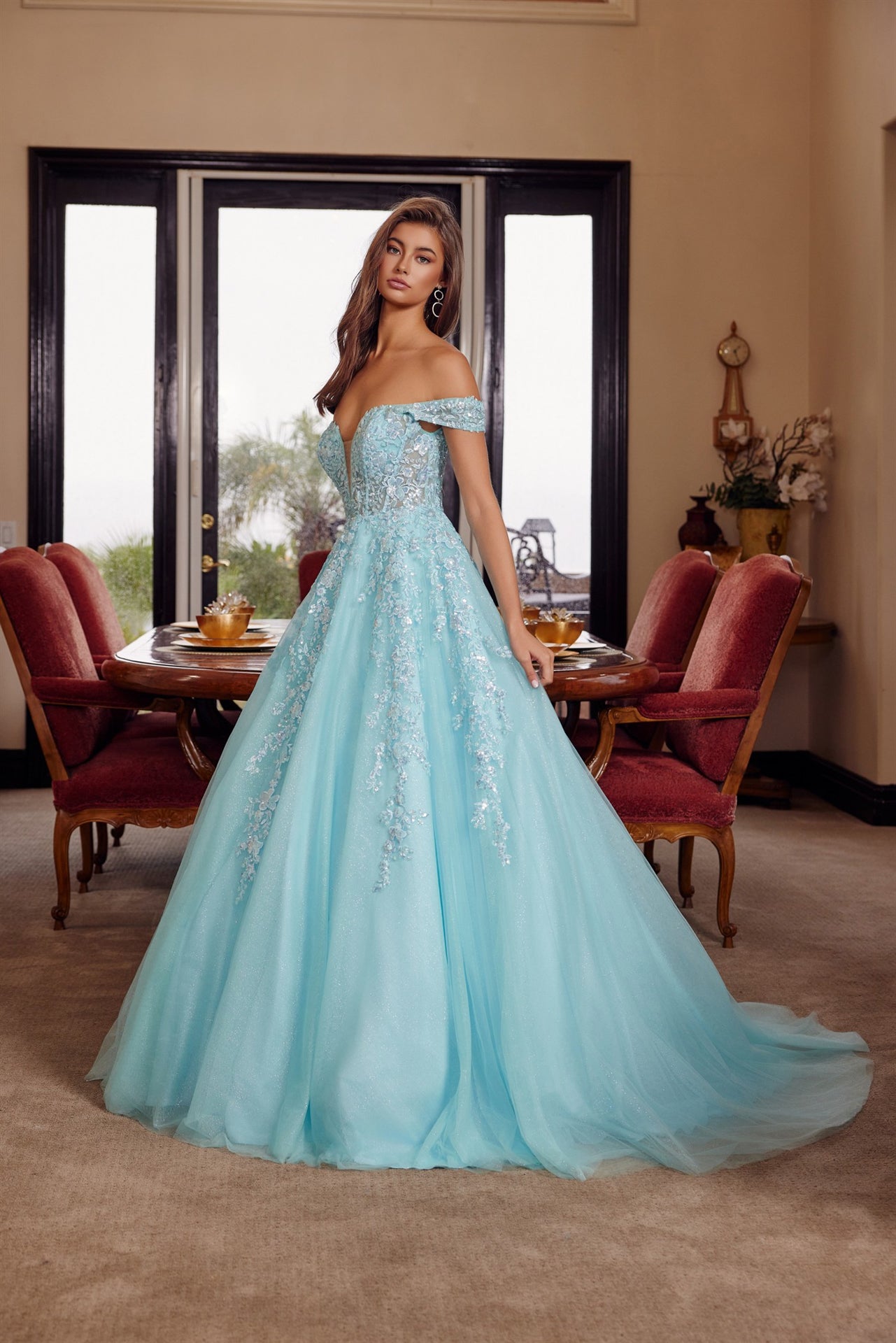Prom Dresses Long Formal Lace Applique Corset Prom Dress Aqua