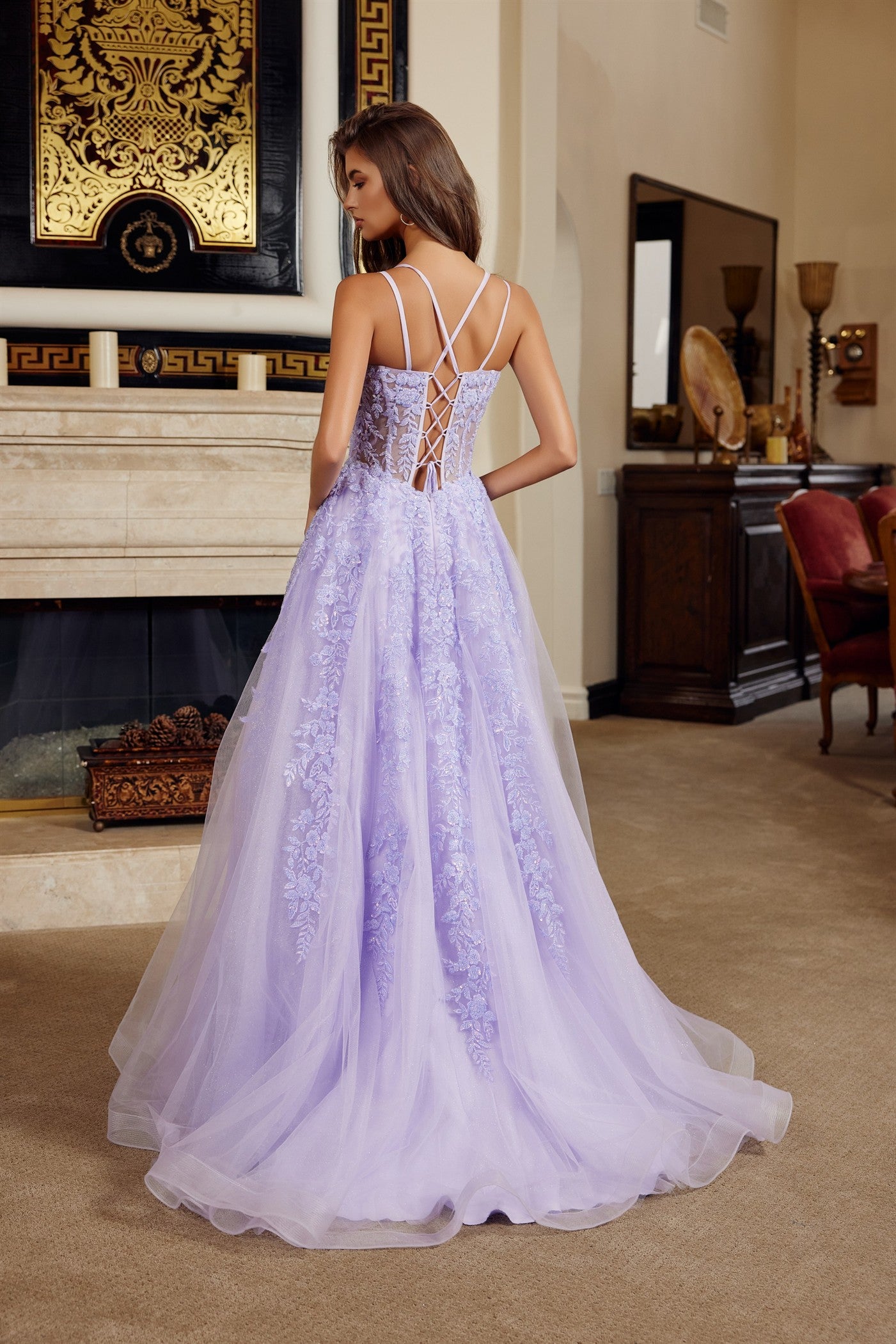 Prom Dresses Long Formal Lace Applique Prom Evening Dress Lilac