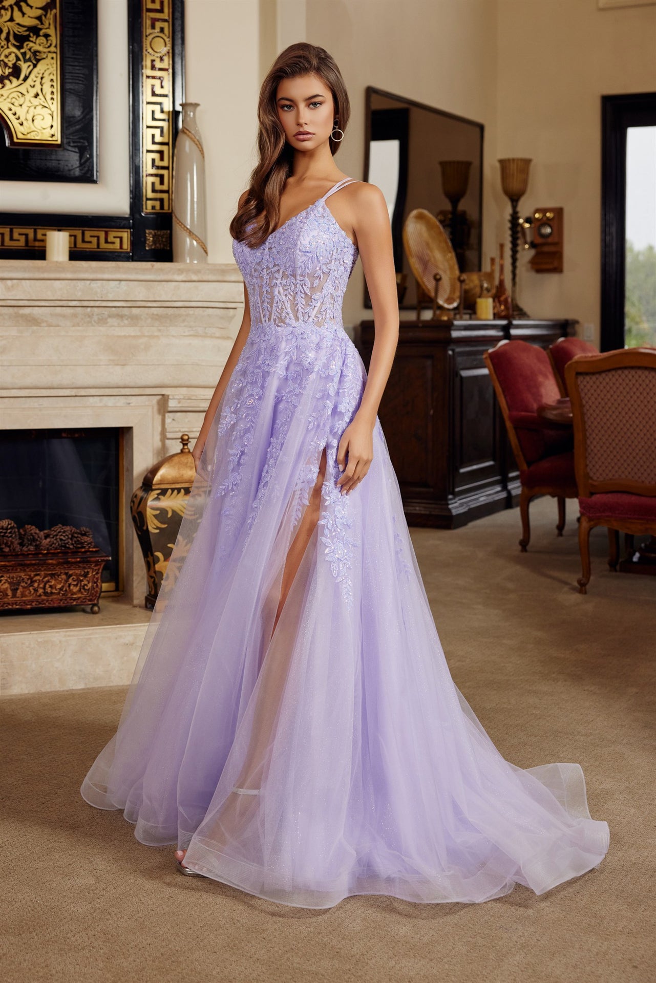Prom Dresses Long Formal Lace Applique Prom Evening Dress Lilac