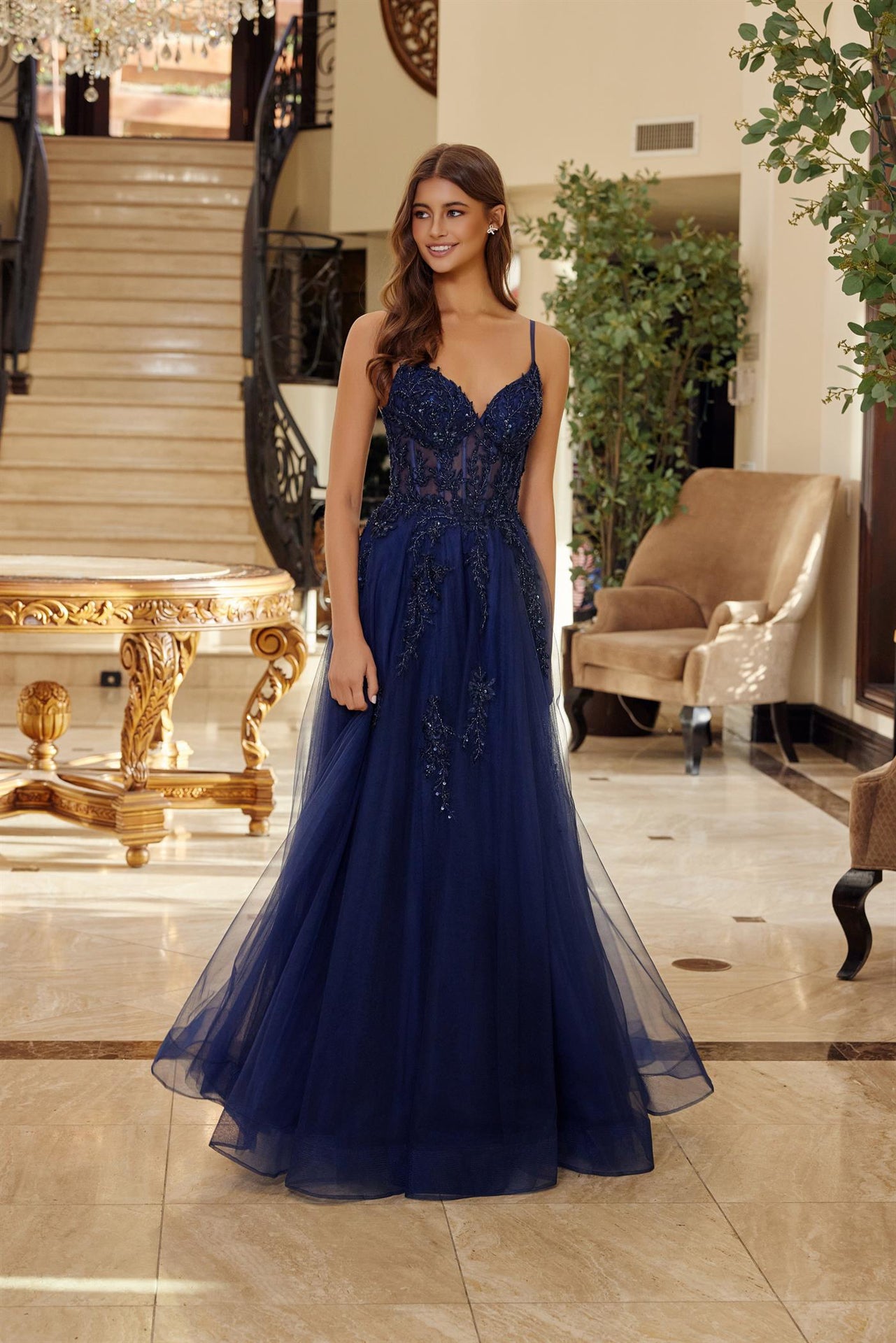 Prom Dresses Long Formal Lace Applique Evening Corset Prom Dress Navy Blue