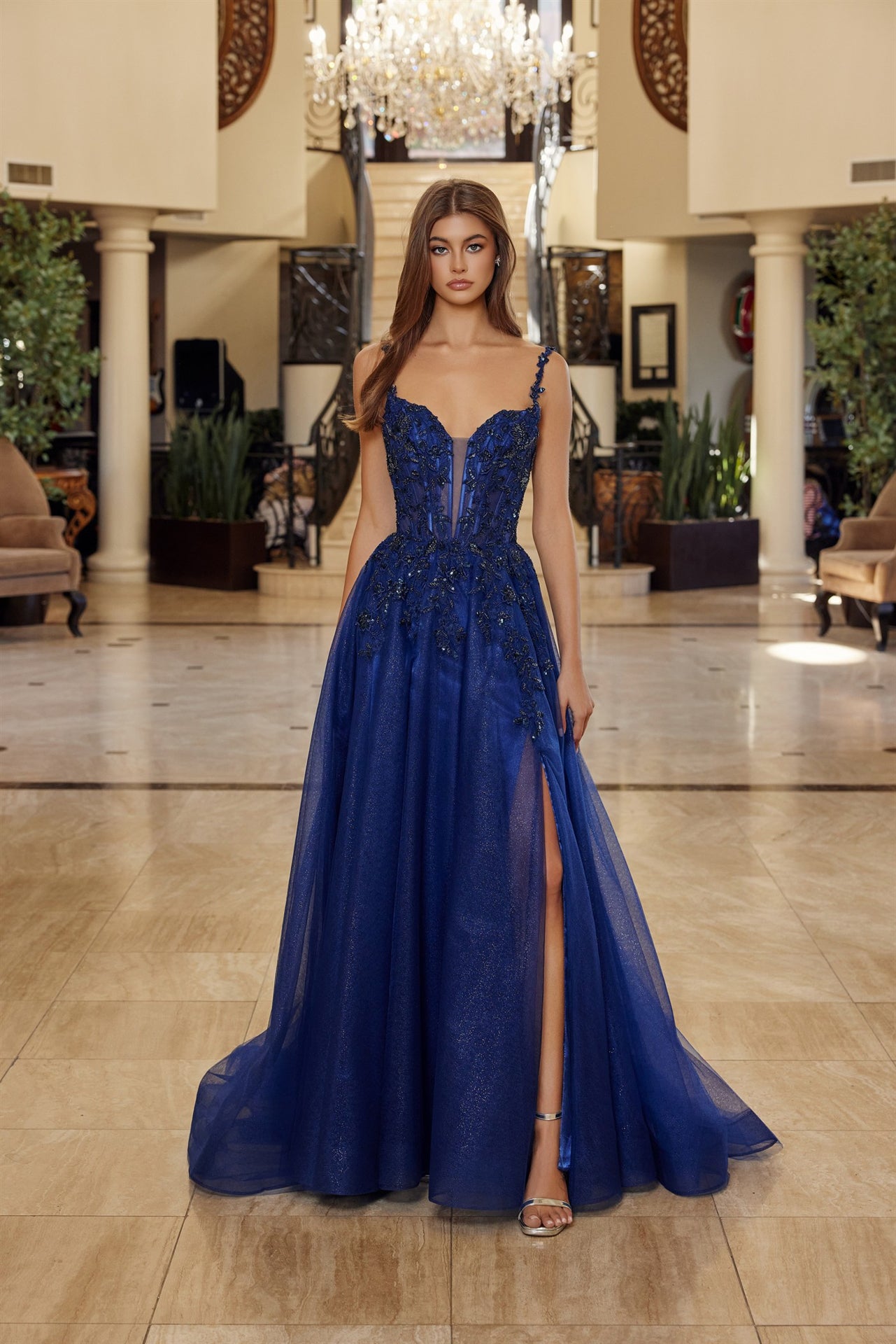 Prom Dresses Long Formal Beaded Corset Prom Dress Navy Blue