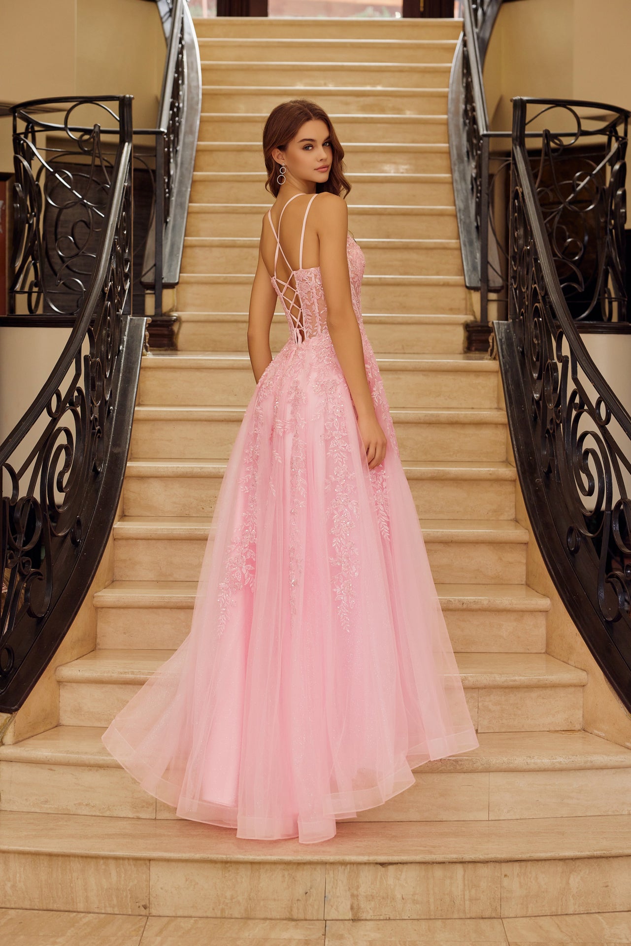 Prom Dresses Long Formal Lace Applique Prom Evening Dress Pink