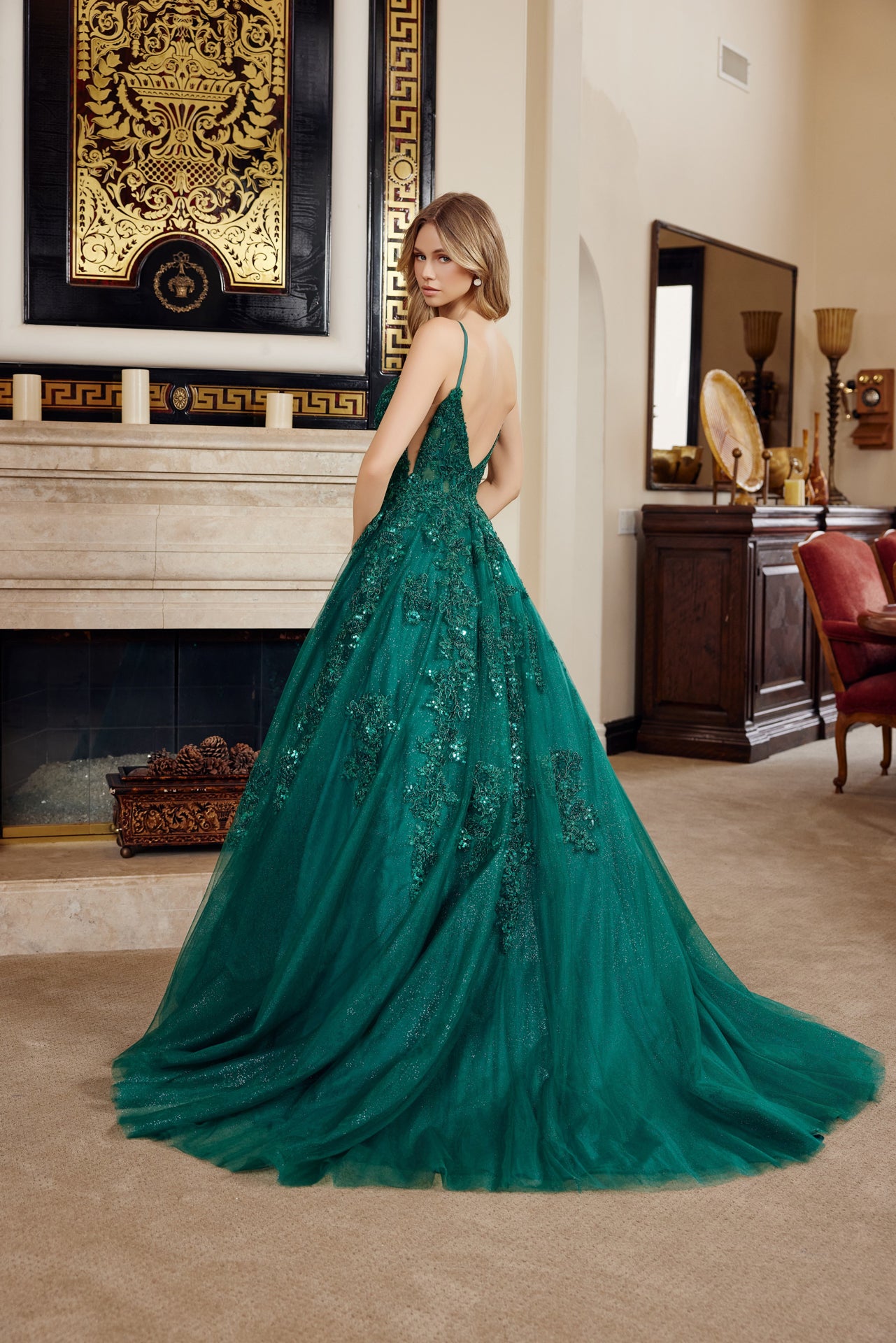 Prom Dresses Long Formal Lace Applique Evening Prom Dress Emerald