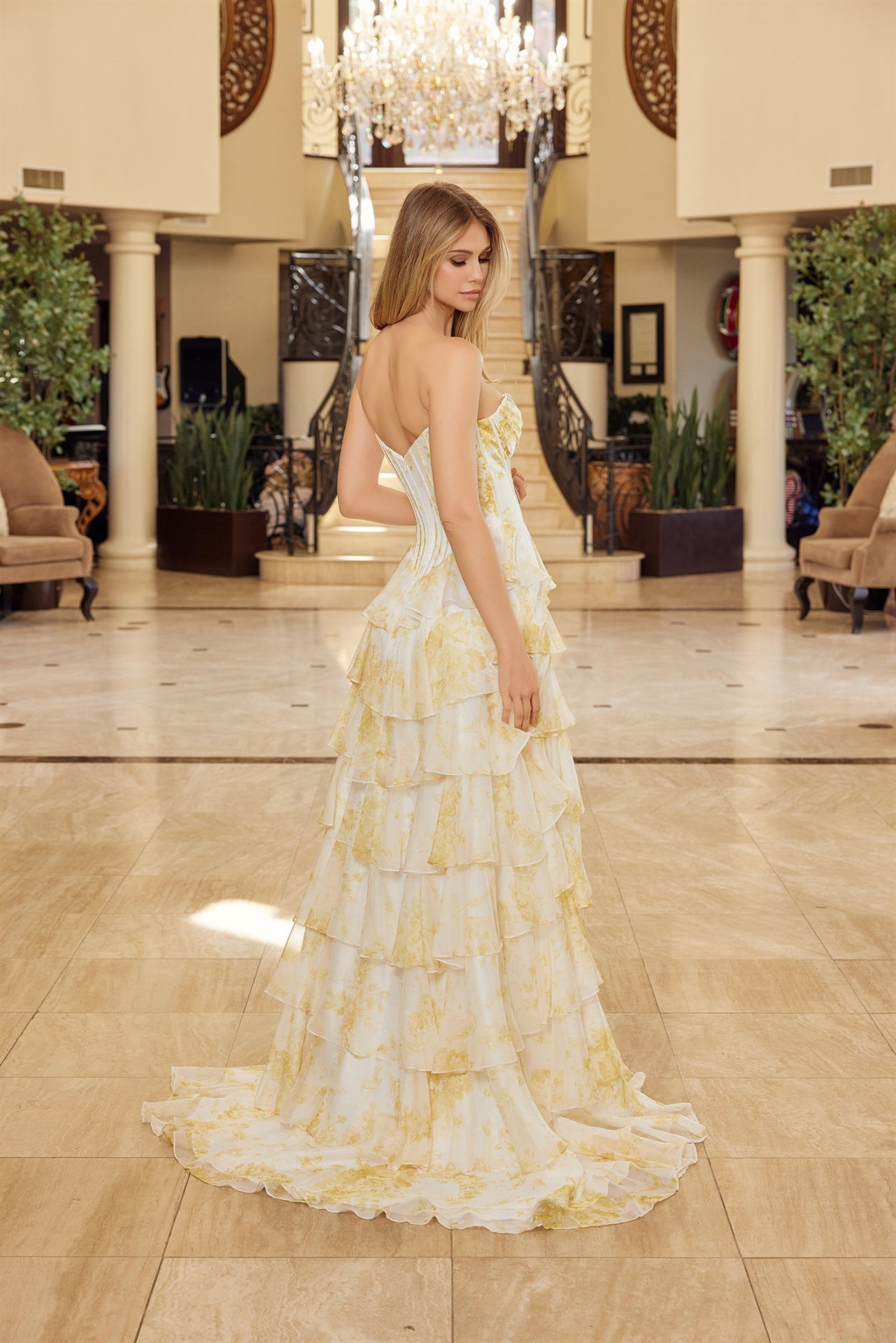 Prom Dresses Long Formal Floral Print Evening Prom Dress Yellow Print