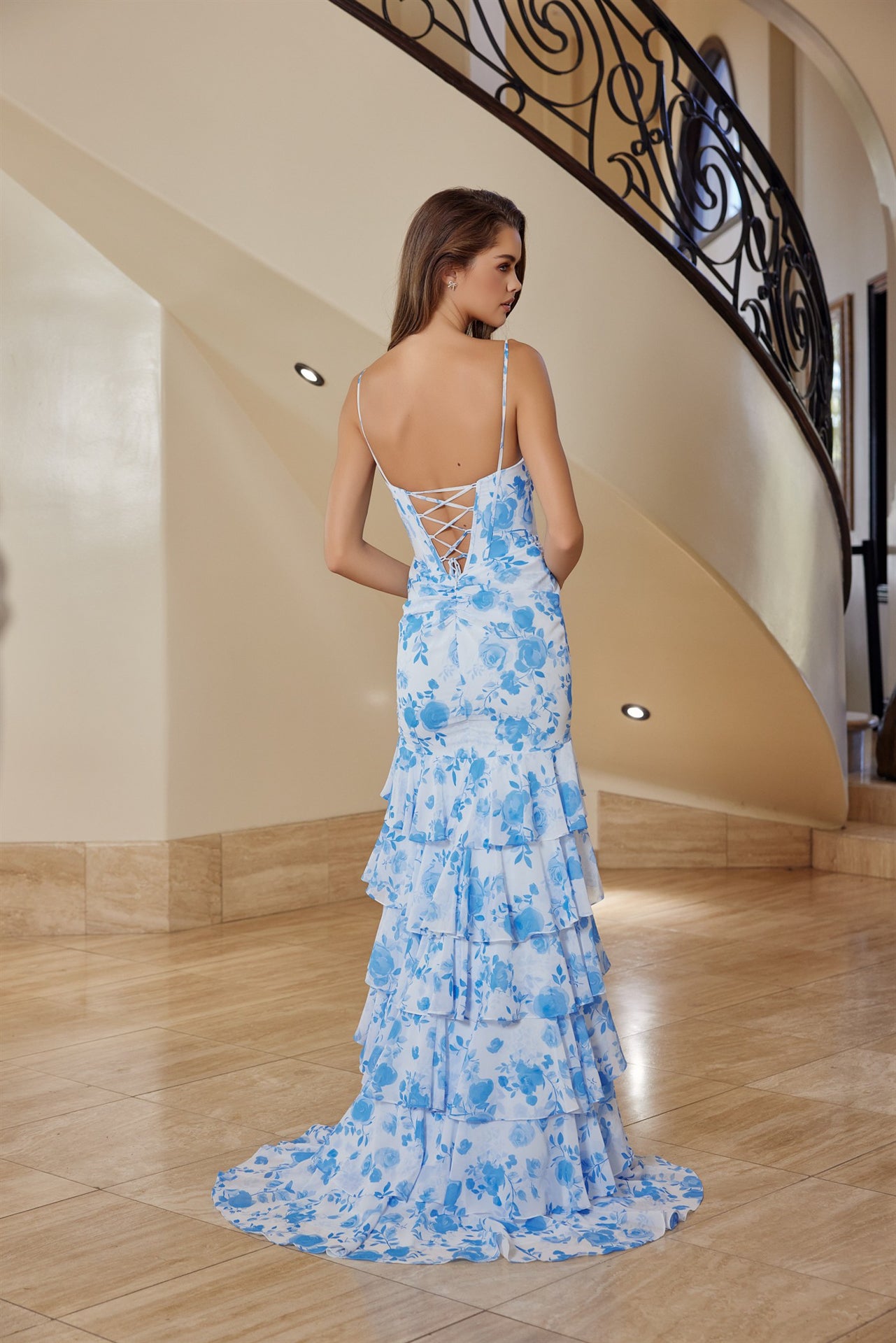 Prom Dresses Long Formal Slit Fitted Ruffle Print Sequin Prom Dress Nox Anabel T1863 Blue
