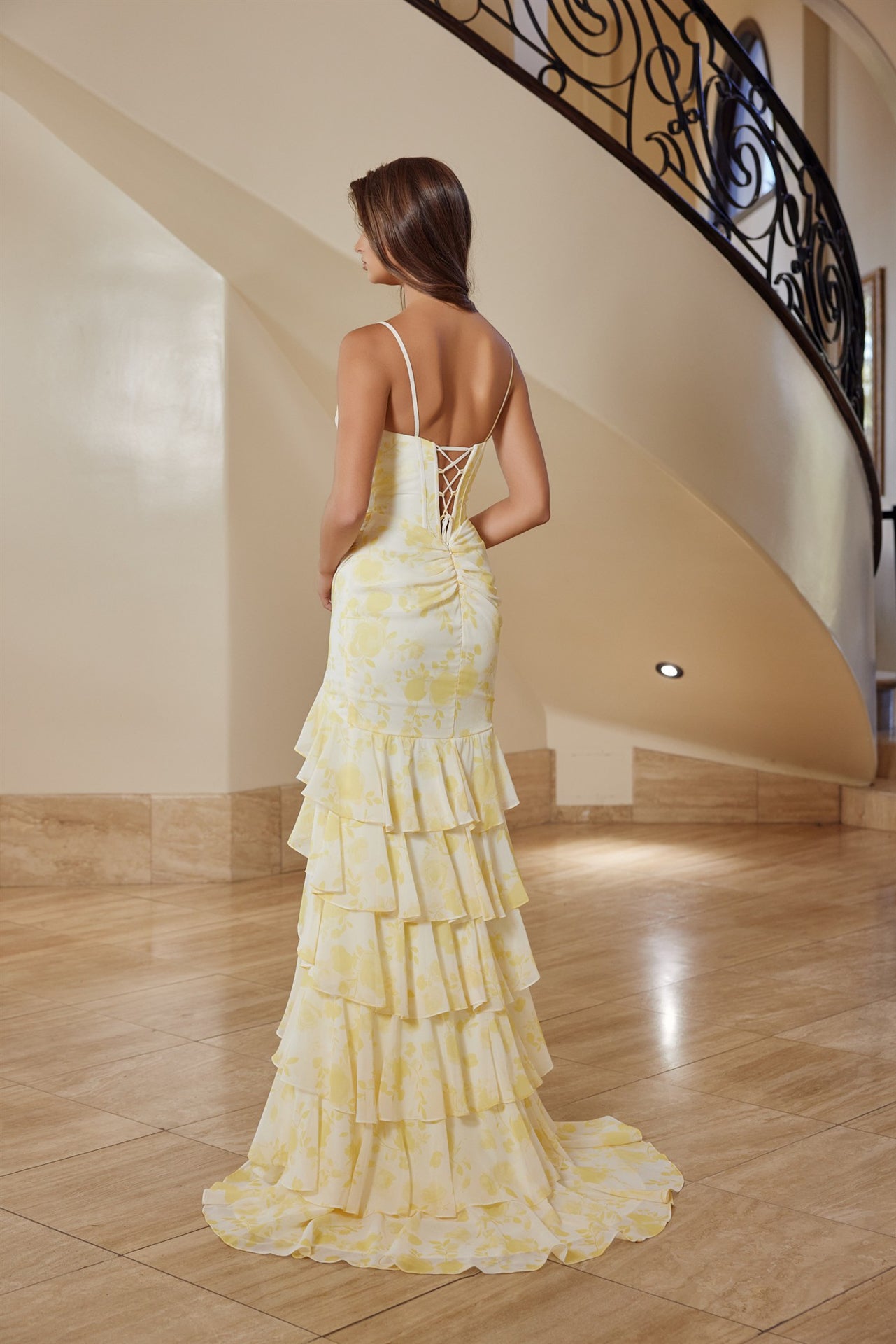 Prom Dresses Long Formal Slit Fitted Ruffle Print Sequin Prom Dress Nox Anabel T1863 Yellow