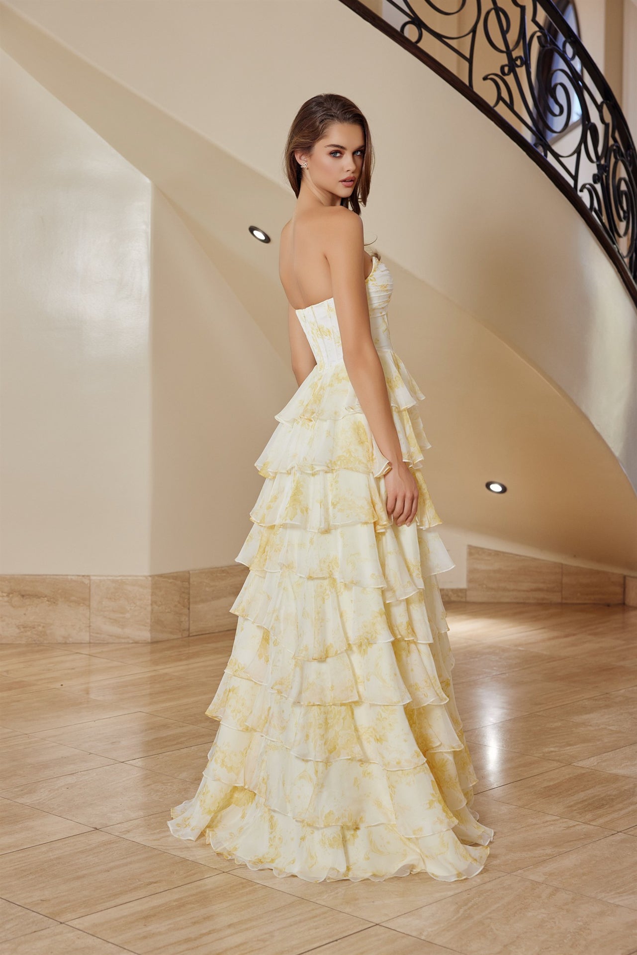 Prom Dresses Ruffle Long Print Formal Slit Corset Pleated Prom Dress Nox Anabel T1865 Yellow Print