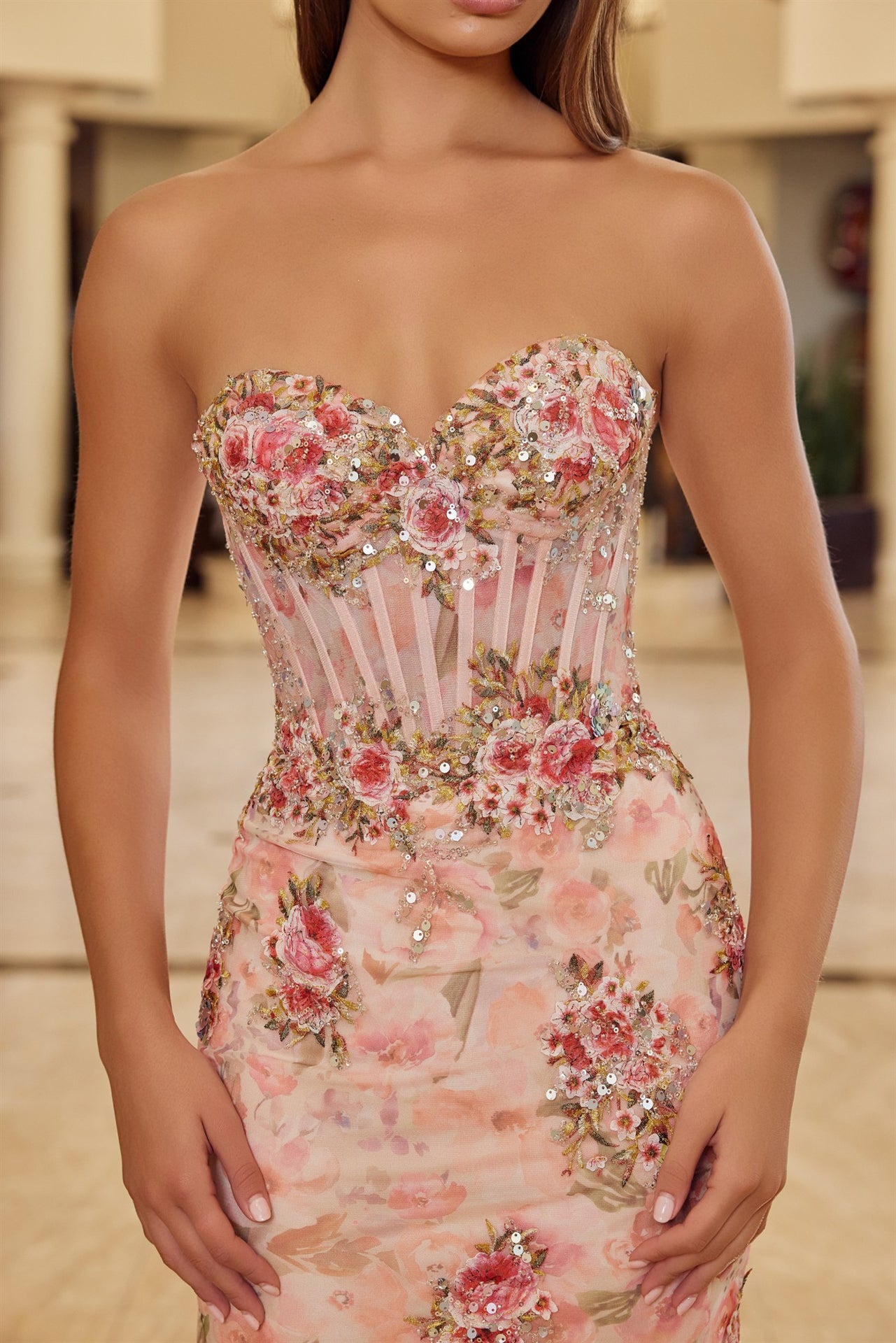 Prom Dresses Fitted Long Formal Corset Floral Print Prom Dress Nox Anabel Y1801 Blush Print