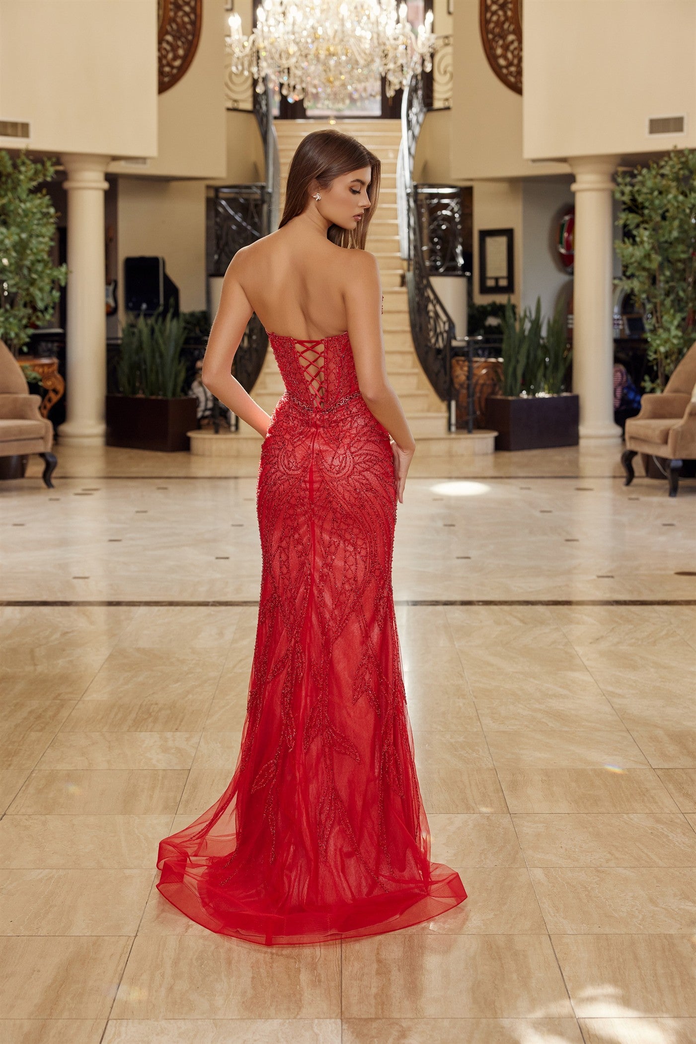 Prom Dresses Long Mermaid Formal Beaded Corset Fitted Prom Dress Red/Nude