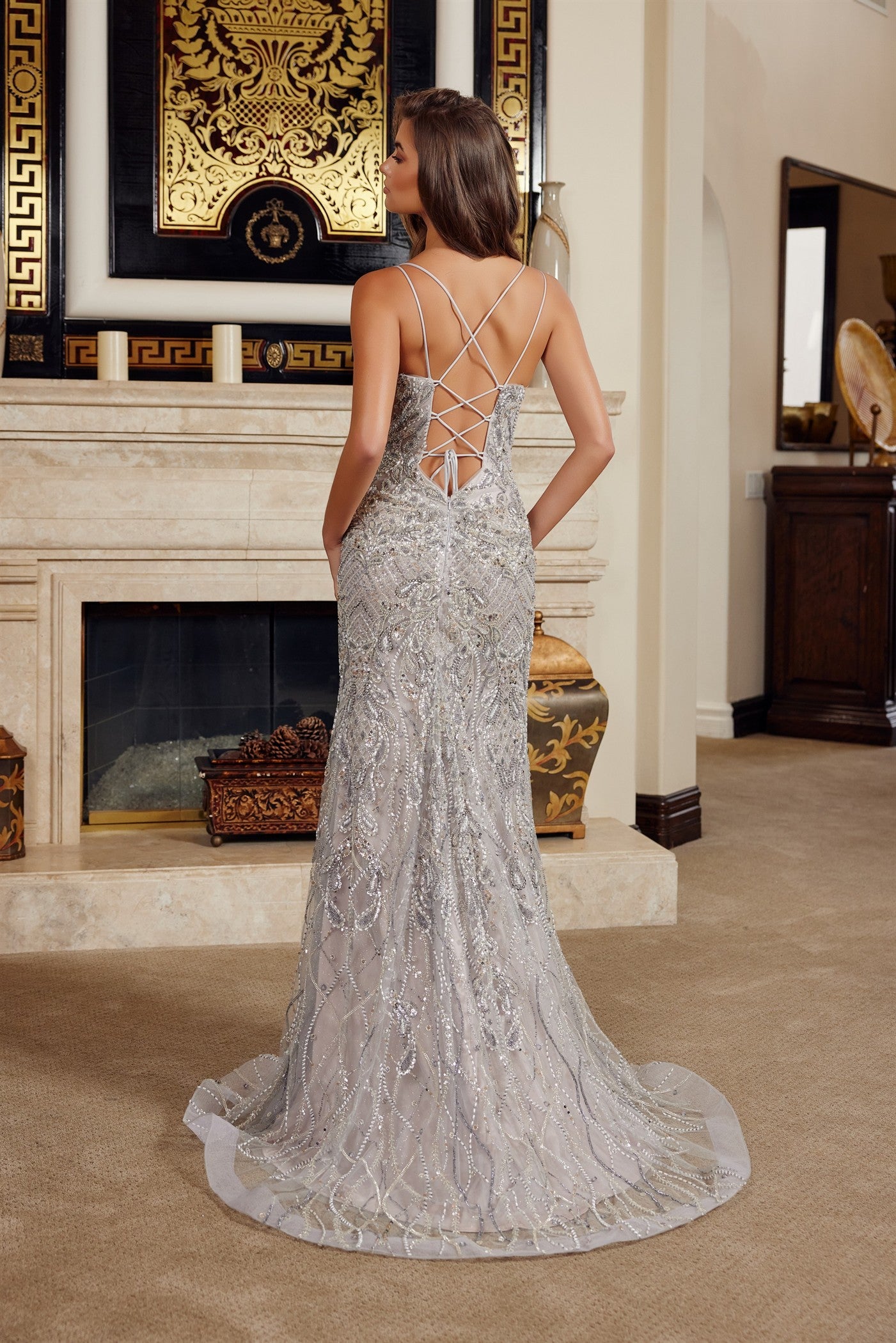 Prom Dresses Long Formal Fitted Sequin Beaded Prom Dress Silver/Nude