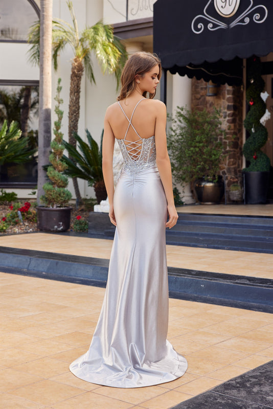 Prom Dresses Beaded Long Formal Fitted Sequin Corset Prom Dress Silver