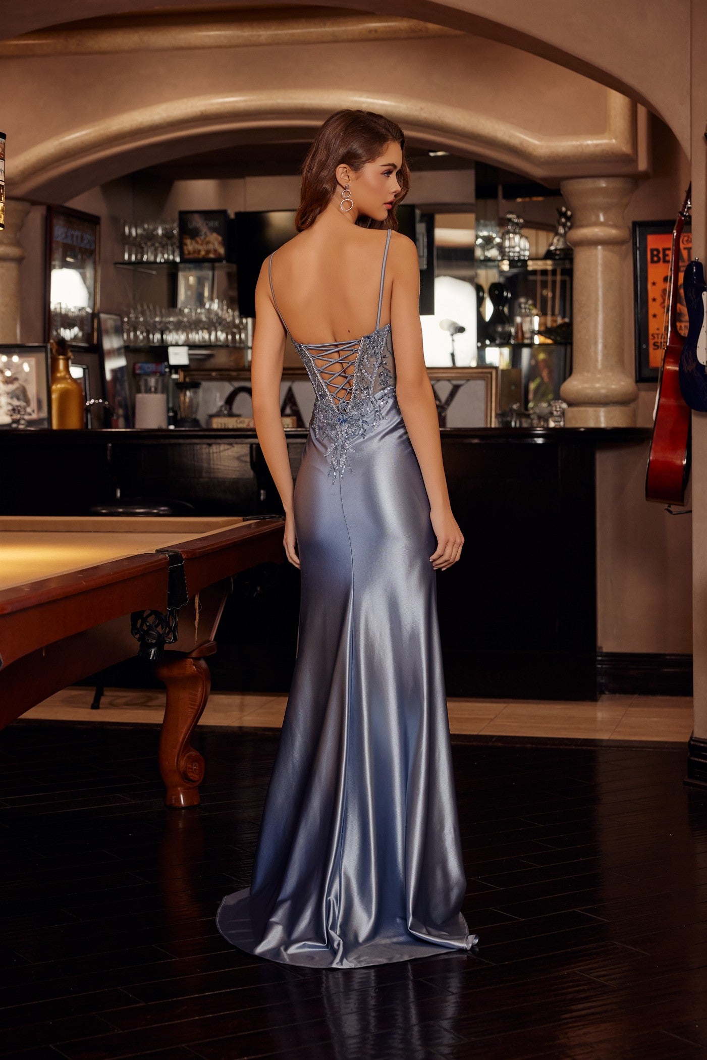 Prom Dresses Long Formal Beaded Fitted Sequin Applique Prom Dress Smoky Blue
