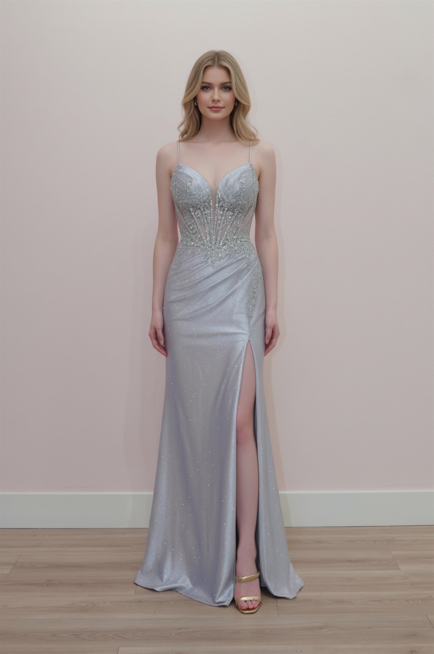 Prom Dresses Beaded Fitted Corset Long Formal Glitter Sequin Prom Dress Silver