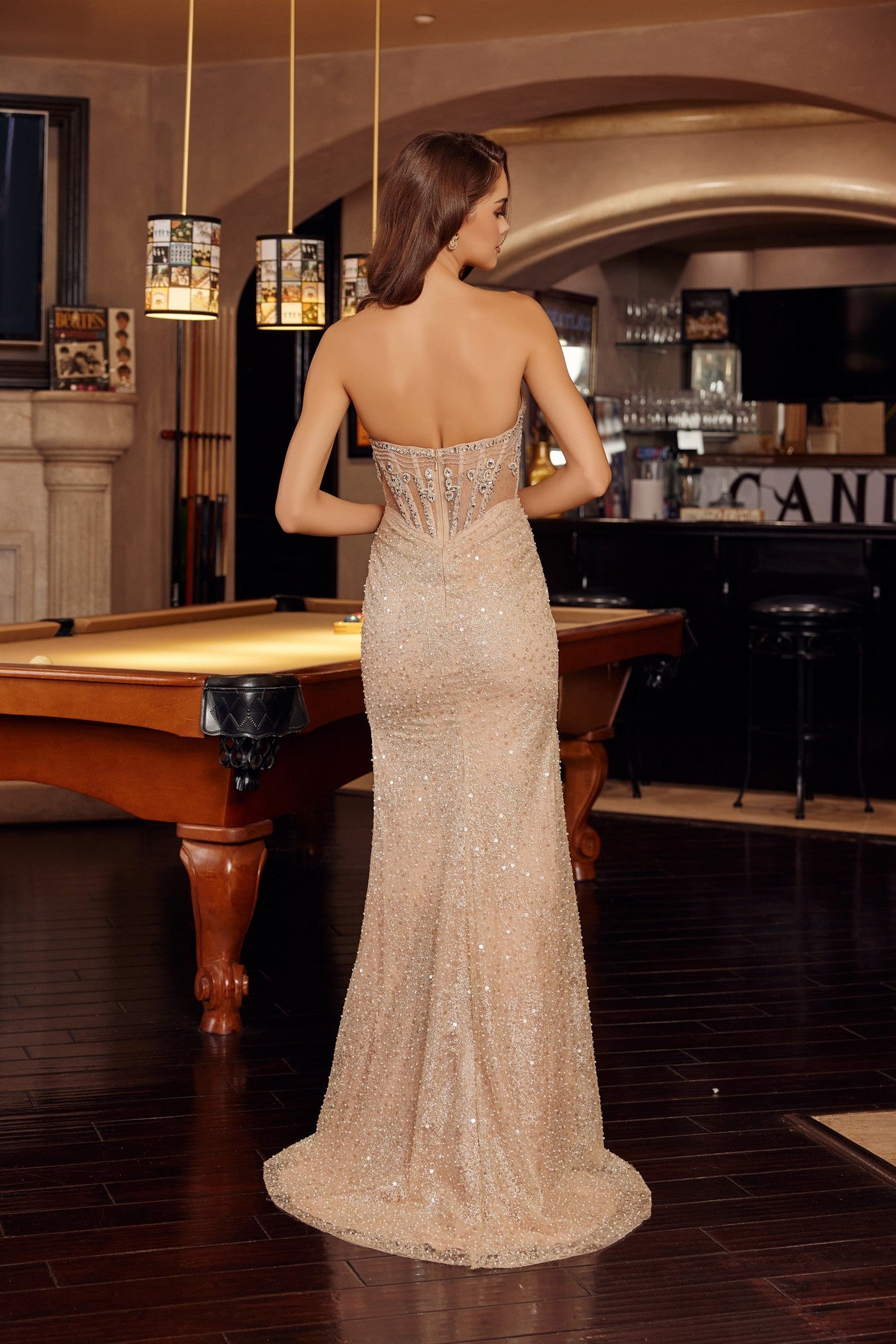 Prom Dresses Corset Beaded Long Slit Formal Sequin Fitted Prom Dress Nox Anabel G1796 Champagne