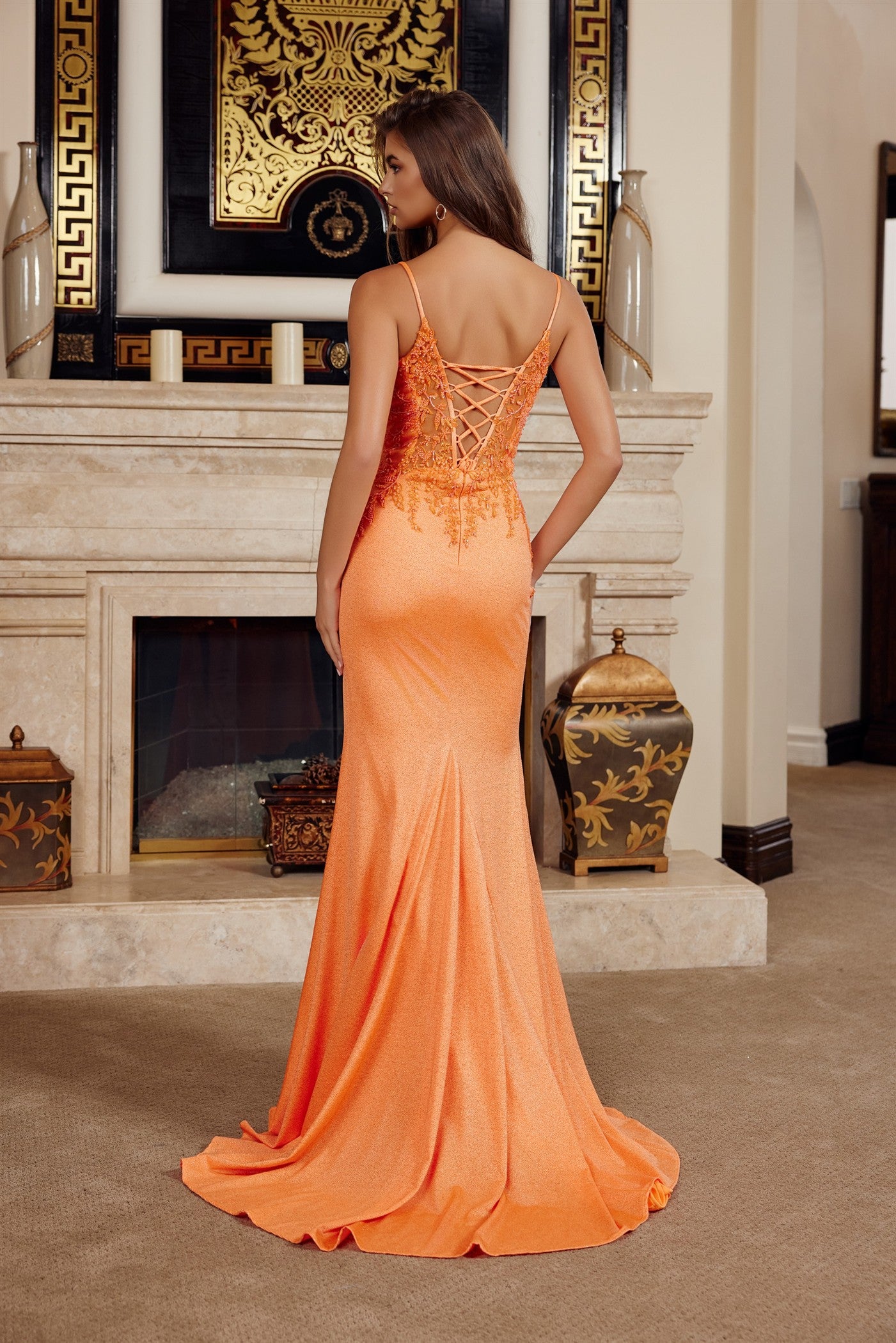 Prom Dresses Lace Applique Long Formal Glitter Corset Beaded Prom Dress Nox Anabel H1875 Orange