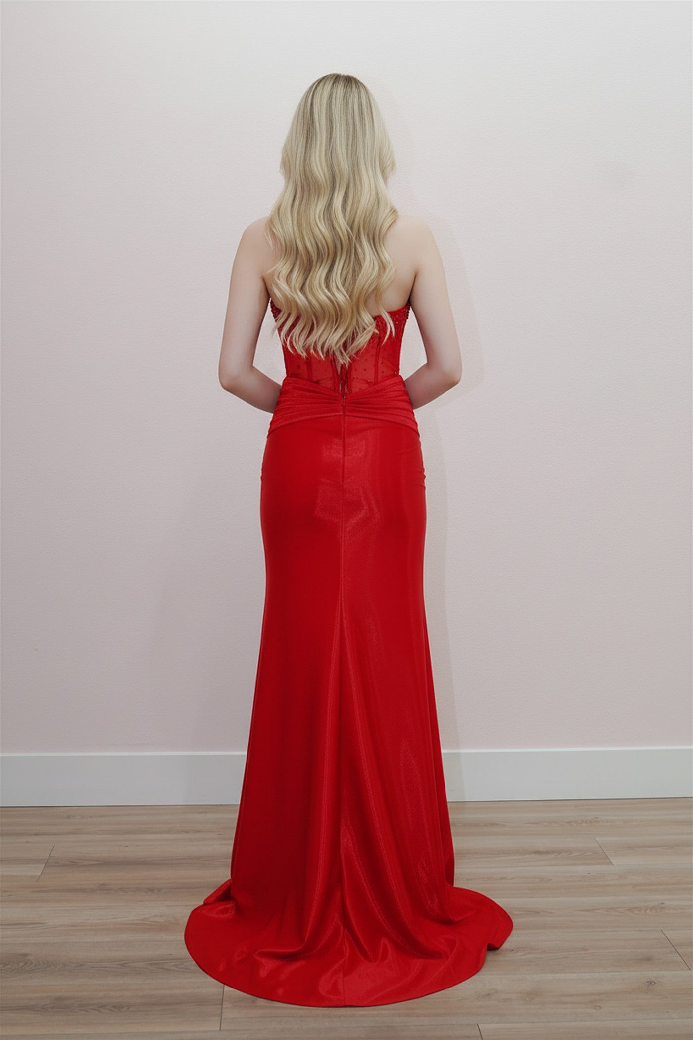 Prom Dresses Long Formal Beaded Corset Slit Prom Dress Nox Anabel K1732 Red
