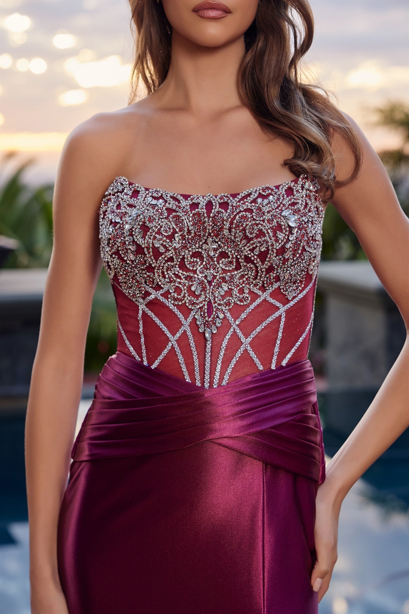 Prom Dresses Evening Long Formal Pleated Slit Prom Dress Nox Anabel L1771 Burgundy