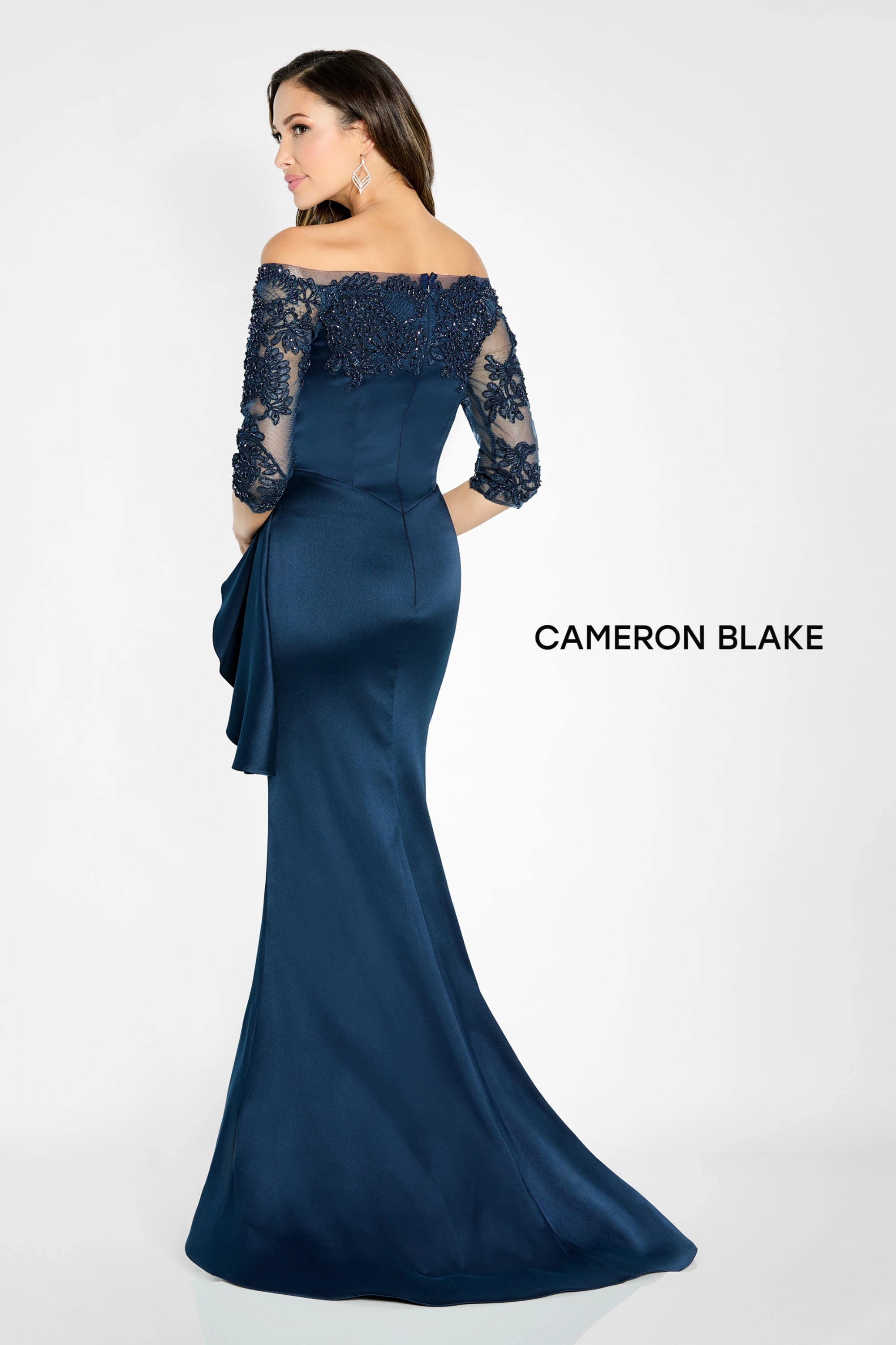 Formal Dresses Beaded Long Formal Lace Applique Dress Navy Blue