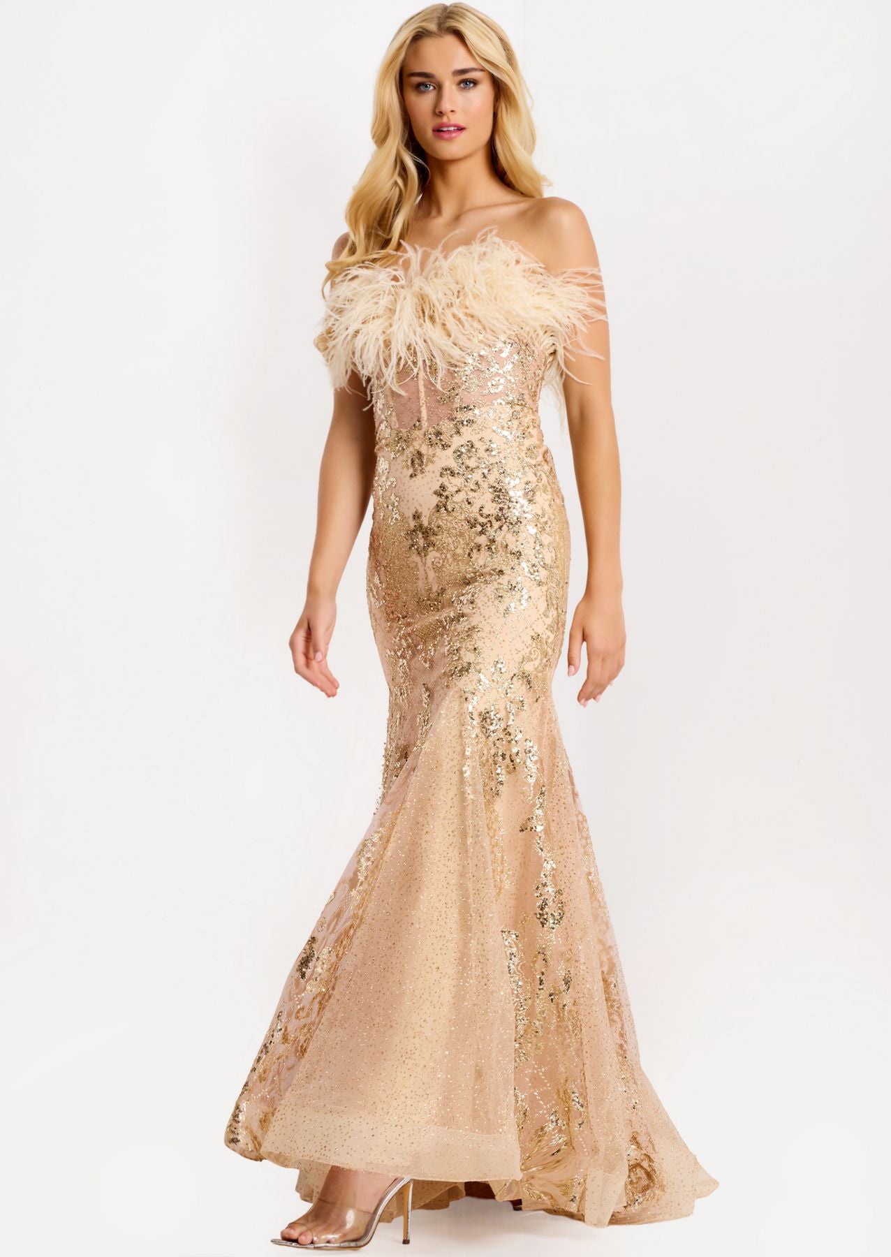 Prom Dresses Sequin Long Formal Mermaid Floral Prom Dress Gold