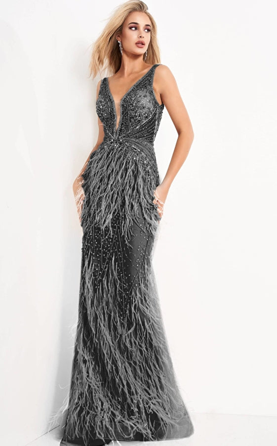 Jovani Prom Long Sleeveless Feather Dress 03023 - The Dress Outlet Black