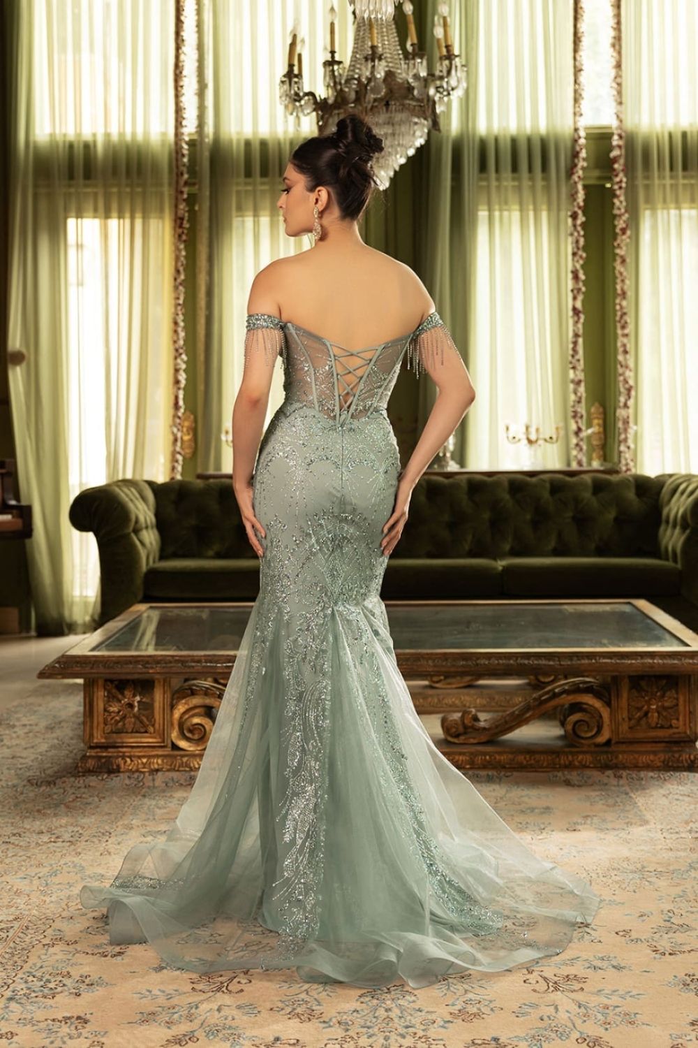 Sage Off-the-Shoulder Floor-Length Mesh Prom Corest Dress May Queen MQ2136