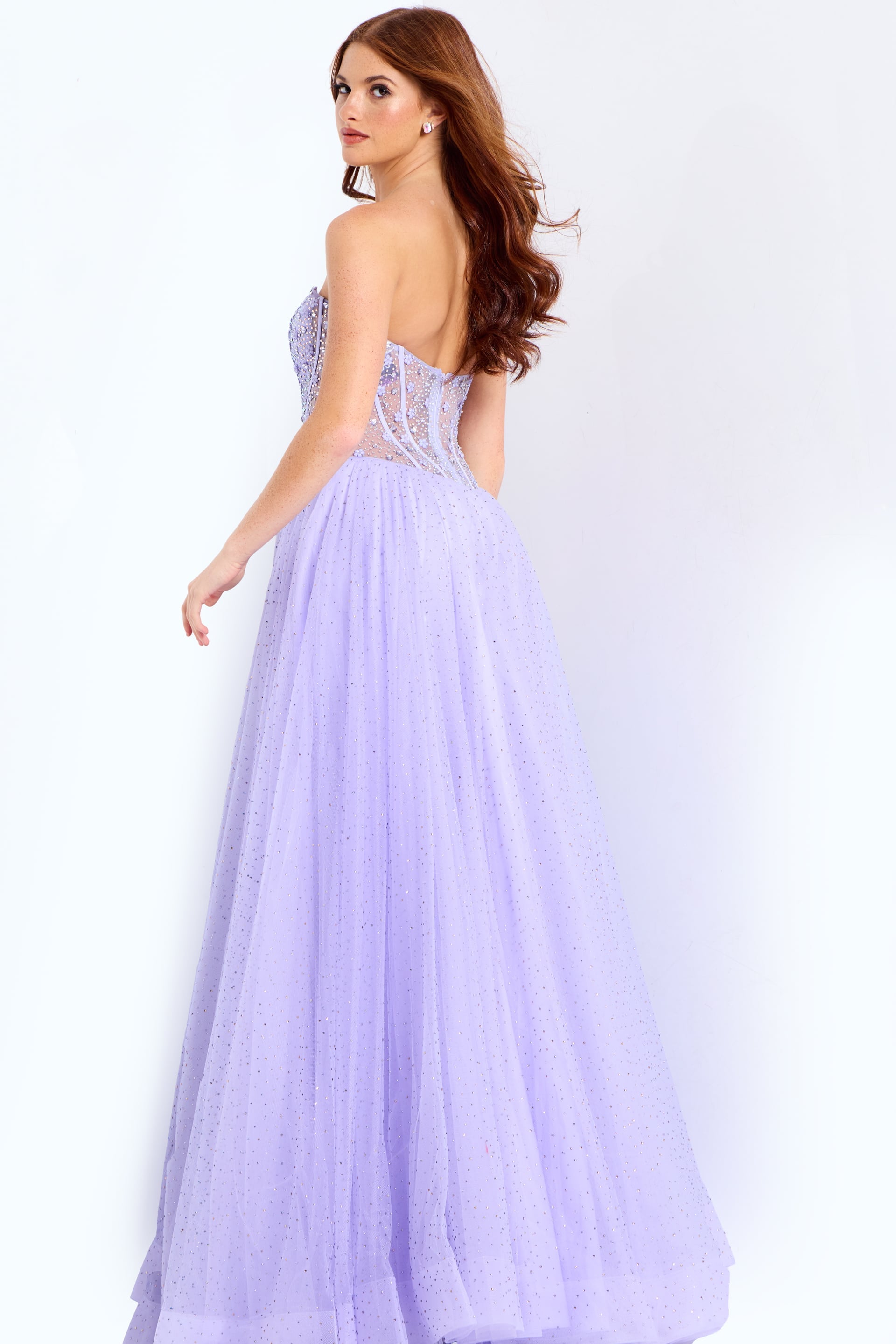 Lilac Strapless Ball Gown with Beaded Corset and Tulle Skirt Jovani 48309
