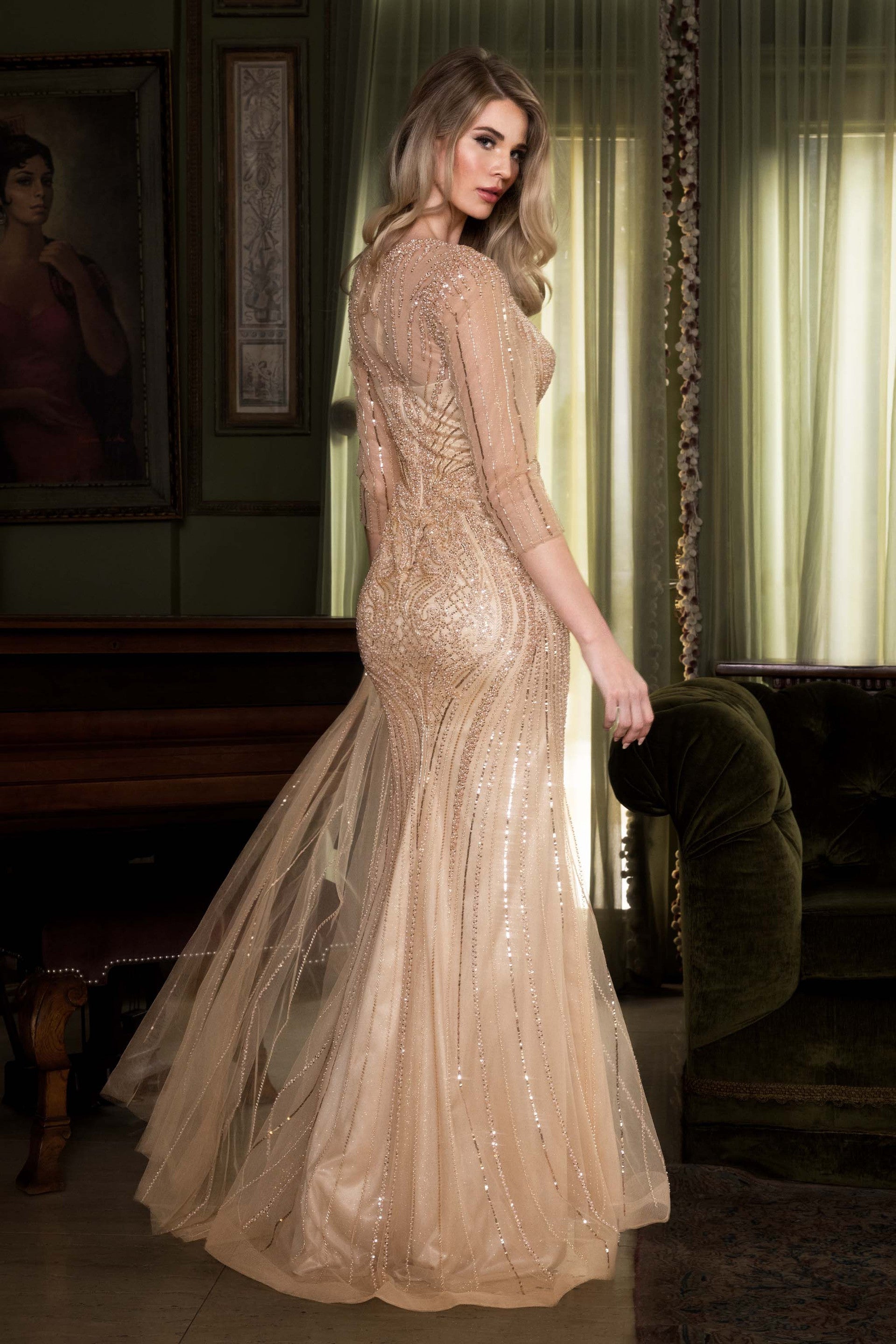 V-Neck Floor-Length Sequin Formal Mermaid Lenovia 8472